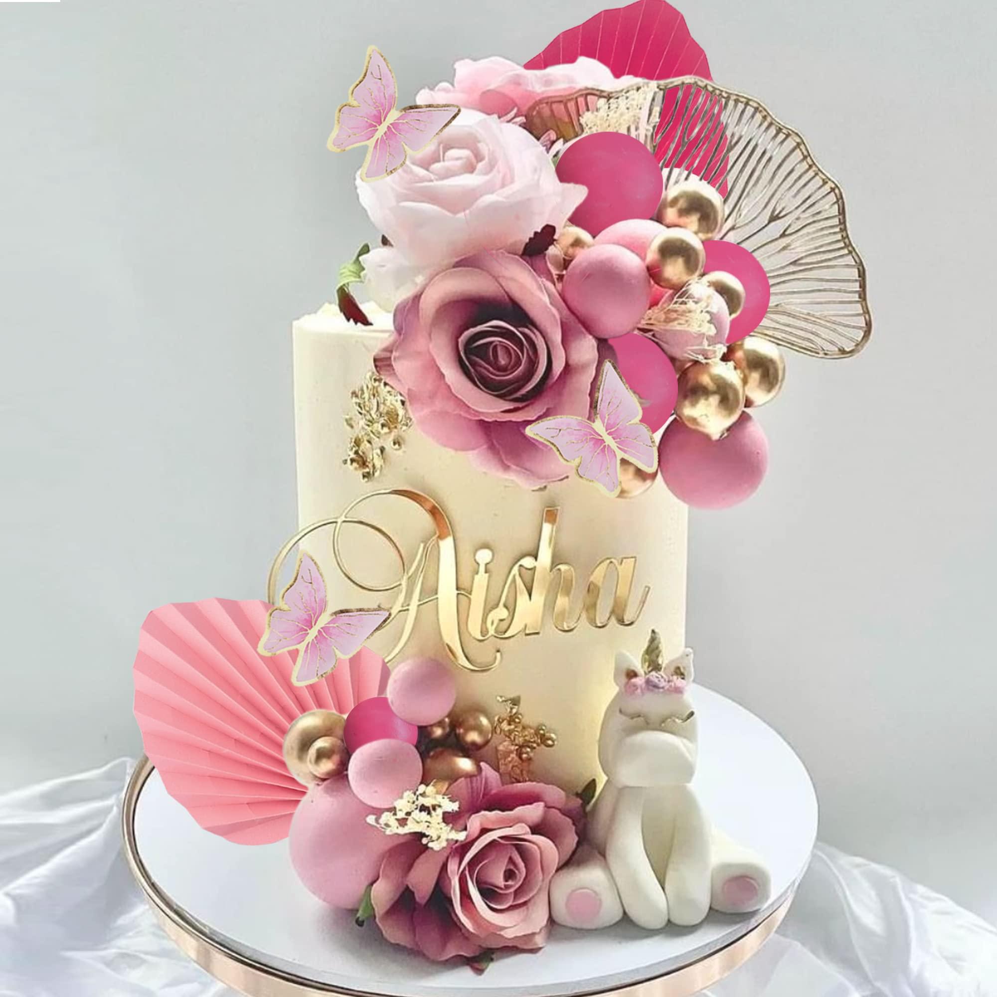 LEFUBABY Boho Flower Cake Toppers Balls Cake Decorations with Butterflies for Birthday Party Wedding Baby Shower Boho Themed Party Supplies (Hot Pink)