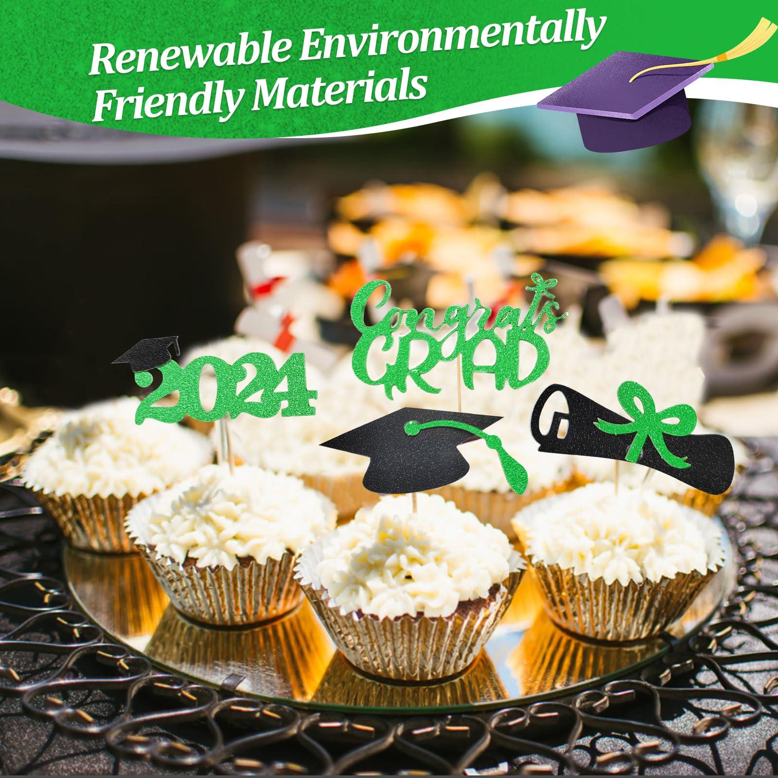 heqxwl 24Pcs Graduation Cupcake Toppers of 2024, Glitter Class of 2024 Diploma Grad Cap Cake Picks for Graduation Theme Party Decorations (Green)