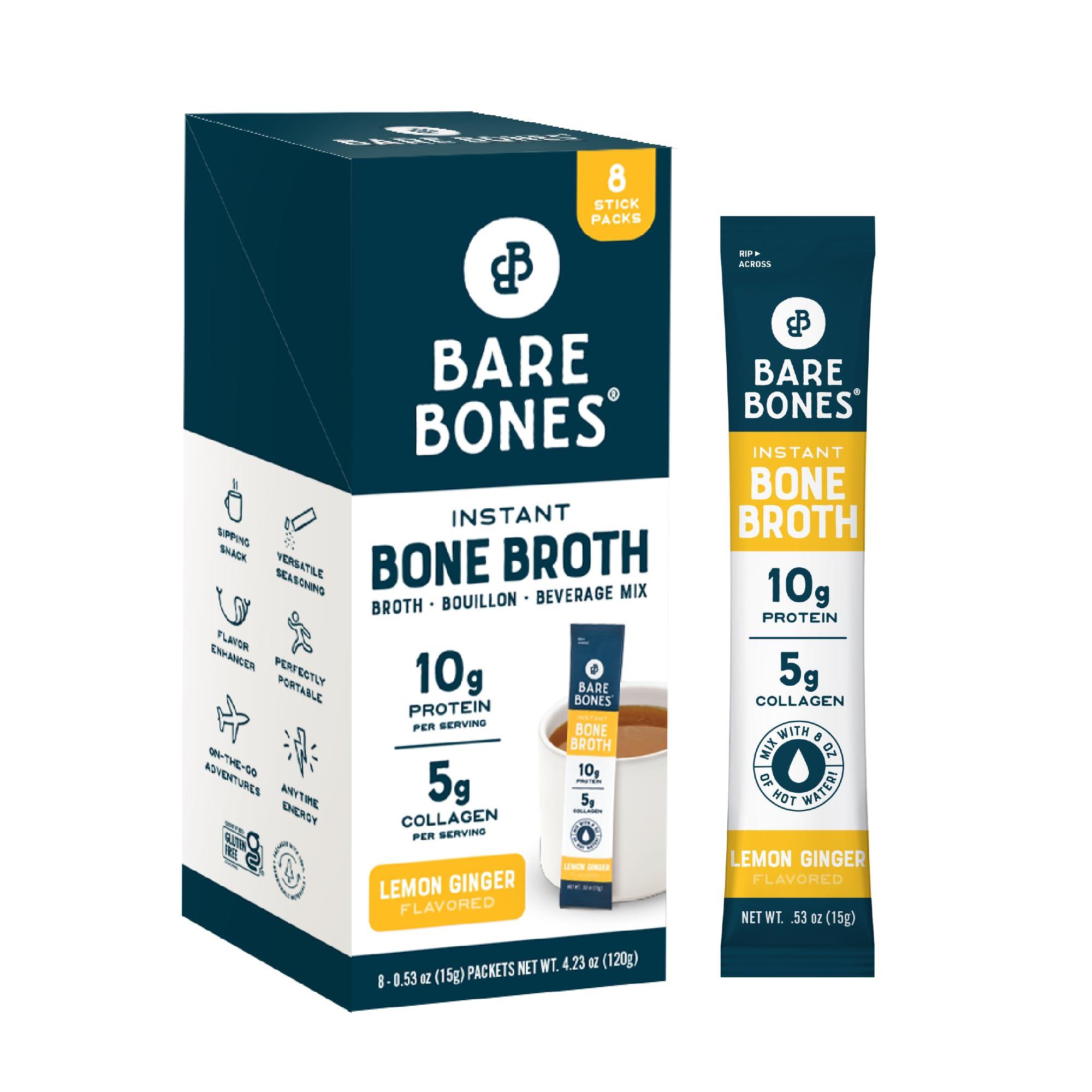 Bare Bones Bare Bones Bone Broth Instant Powdered Mix, Lemon Ginger, Pack of 8, 15g Sticks, 10g Protein, Keto & Paleo Friendly Bone Broth Packets