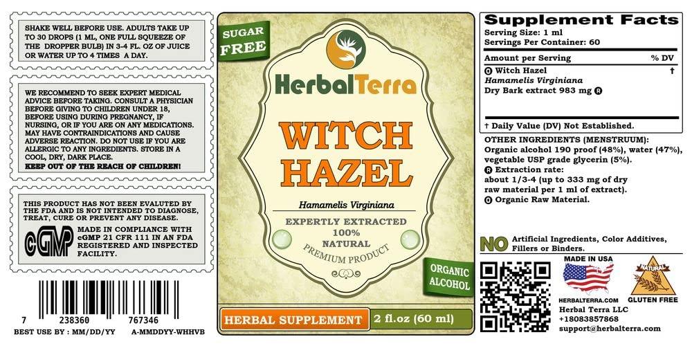 Herbal Terra LLC Witch Hazel (Hamamelis Virginiana) Tincture, Organic Dried Bark Powder Liquid Extract (Brand Name: HerbalTerra, Proudly Made in USA) 30x2 fl.oz (30x60 ml)