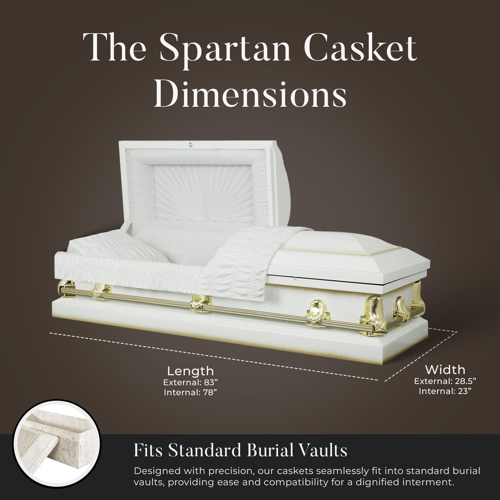 Overnight Caskets Overnight Caskets Spartan Collection Funeral Casket White with White Interior - 20 Gauge Steel - Fully Appointed Adult Casket - Coffin Featuring a Crepe Interior Lining with Pillow and Throw Set