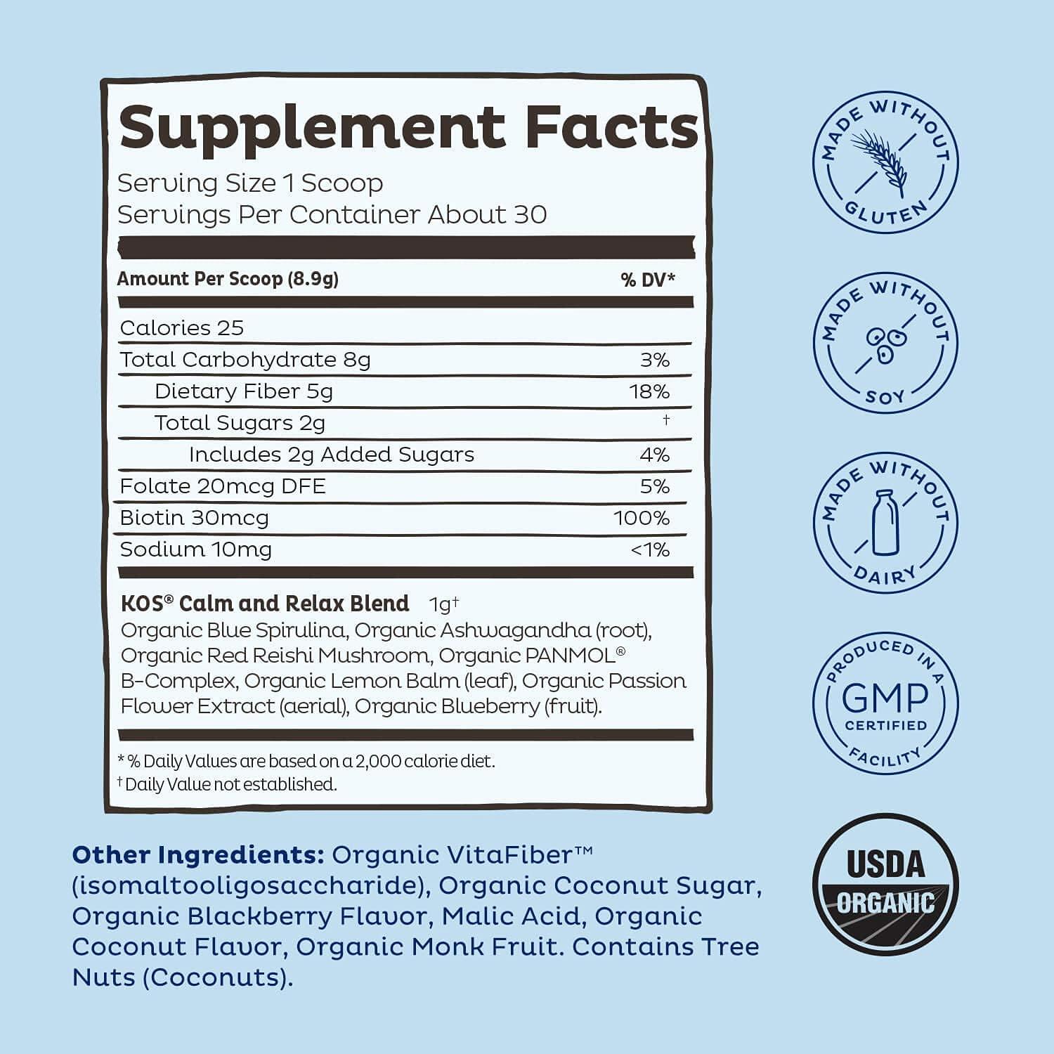 KOS KOS Calming Blue Spirulina Blend- USDA Certified Organic - Algae Superfood Powder with Ashwagandha Root, Lemon Balm, Reishi Mushroom, B Vitamins - Berry Coconut Cooler Flavor, 28 Servings