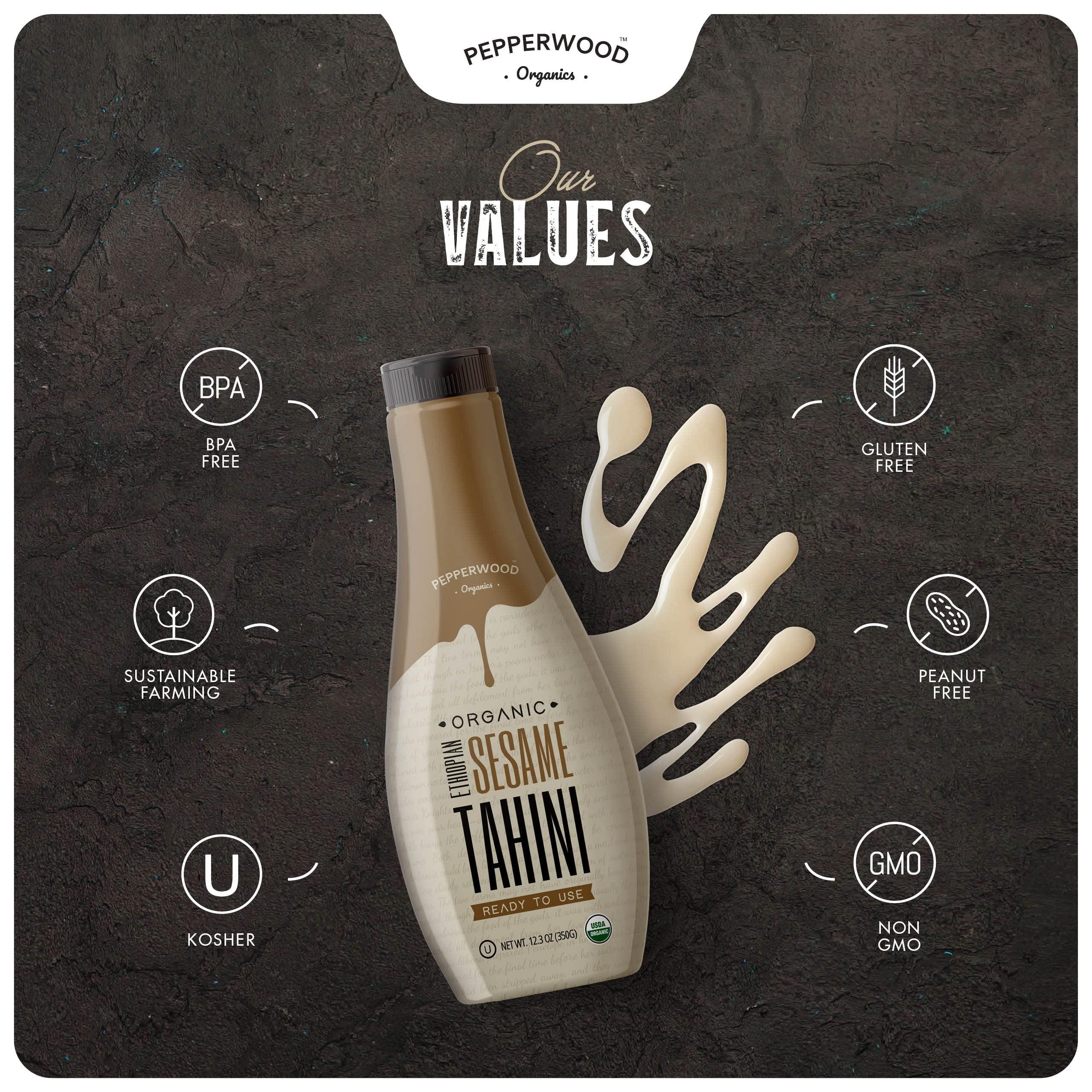 Pepperwood Organics Organic Ethiopian Sesame Tahini - Squeezable Creamy & Ready Tahini Paste 12.3 Ounce (2-Pack) - Hulled, Unsalted, Non-GMO, Gluten-Free, Peanut-Free, by Pepperwood Organics