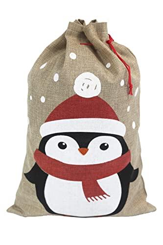 Hooin Christmas Sacks (13.8‘’ x 19.7‘’ Medium Size) – Pack of 4 Drawstring Goody Gift Bags for Christmas Treats 4 Designs Santa Snowman Reindeer Penguin