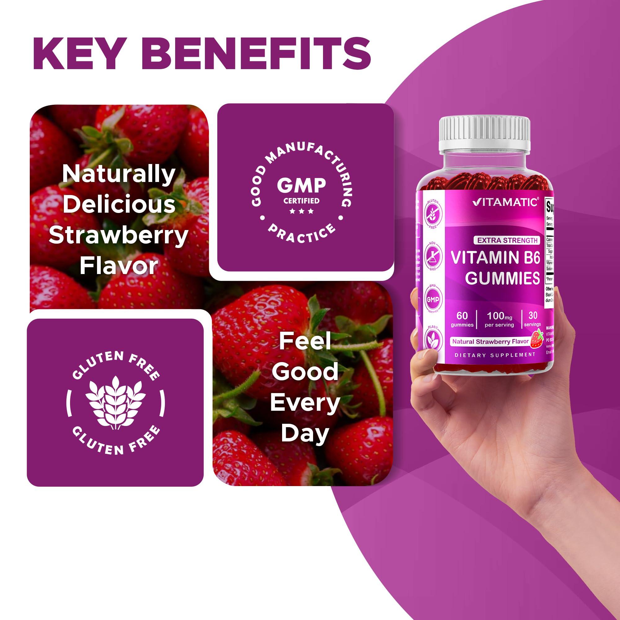Vitamatic Vitamatic 2 Packs Vitamin B6 100mg - Strawberry Flavor - 60 Pectin Based Gummies - Supports Nervous System