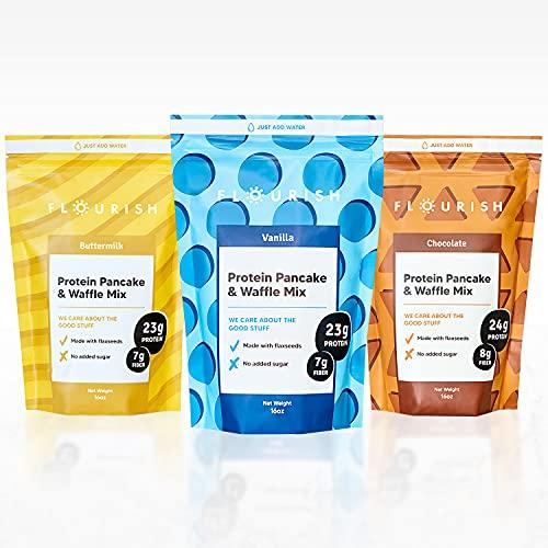 Flourish Flourish - Protein Pancake & Waffle Mix, Whey Protein Isolate & Flax Seed, Non-GMO, No Added Sugar, Superfood, High Protein & Fiber, Just Add Water - Chocolate, 16oz