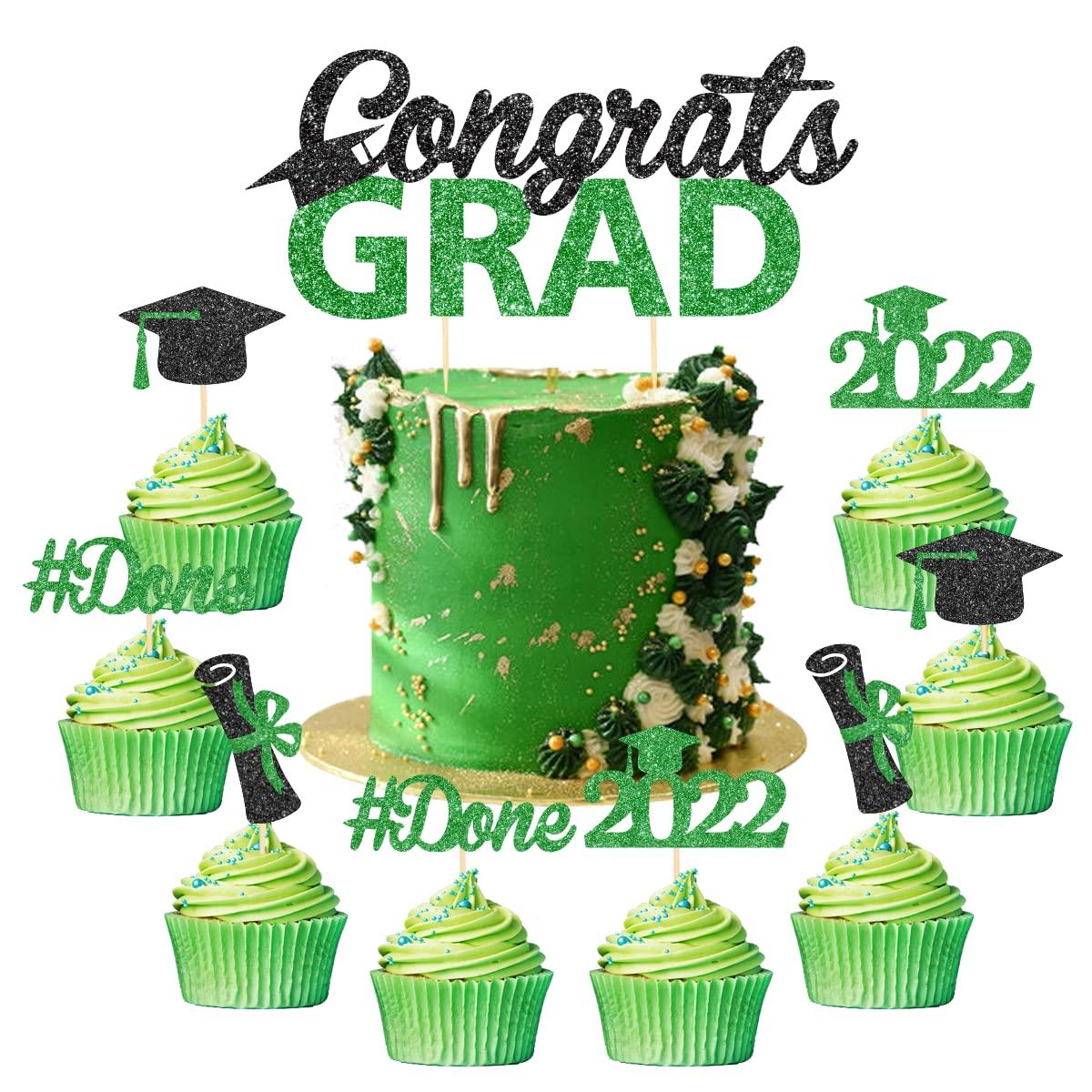 Kreatwow Graduation Cake Decorations 2022 Green Congrats Grad Cupcake Topper Picks for Class of 2022, I do I did Im Done High School College University Graduation Party Supplies 25 Pcs