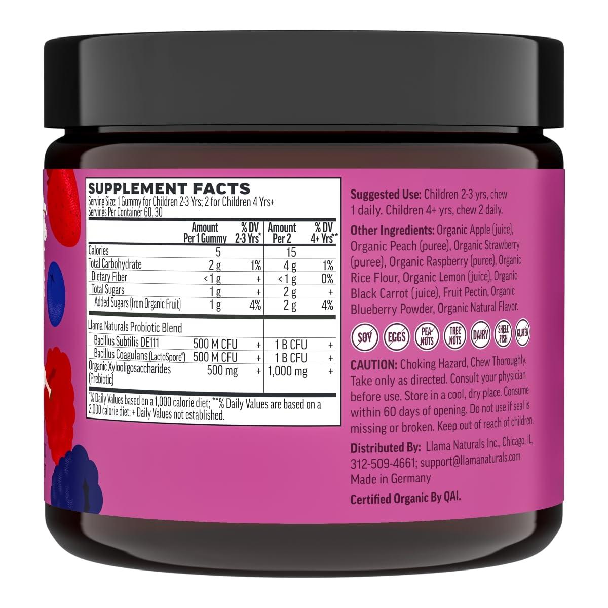 Llama Naturals Llama Naturals Real Fruit Prebiotic & Probiotic Kids Gummies, No Added Sugar Cane, Children Digestion, Toddler Tummy Aches, Gut Health, 2B CFU, Mixed Berry, 60 ct (30-60 Days)