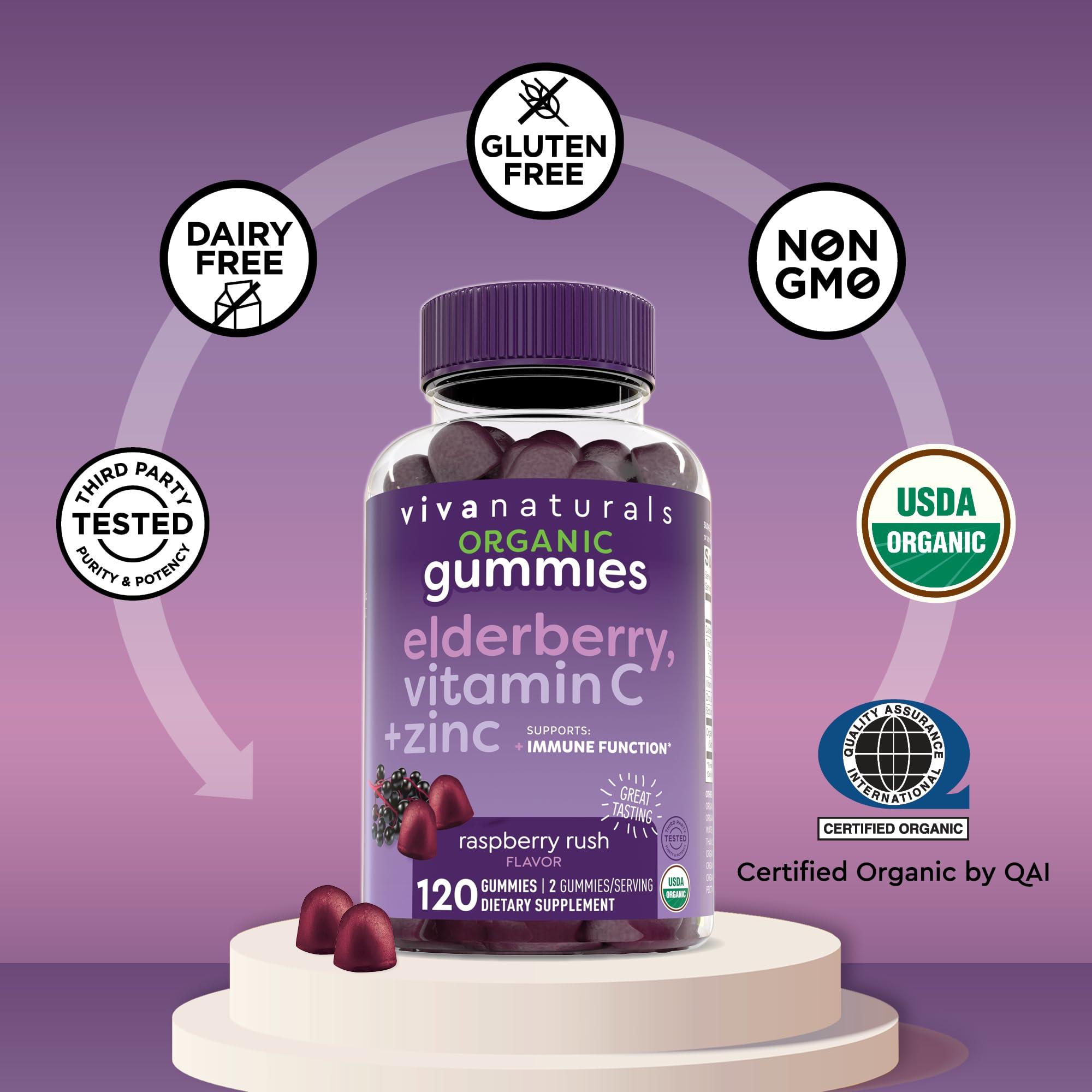 Viva Naturals Organic Sambucus Elderberry Gummies with Zinc and Vitamin C (120 Count) - 3 in 1 Black Elderberry Gummies for Adults Immune Support, Chewable Elderberry Supplements, Immunity Gummies