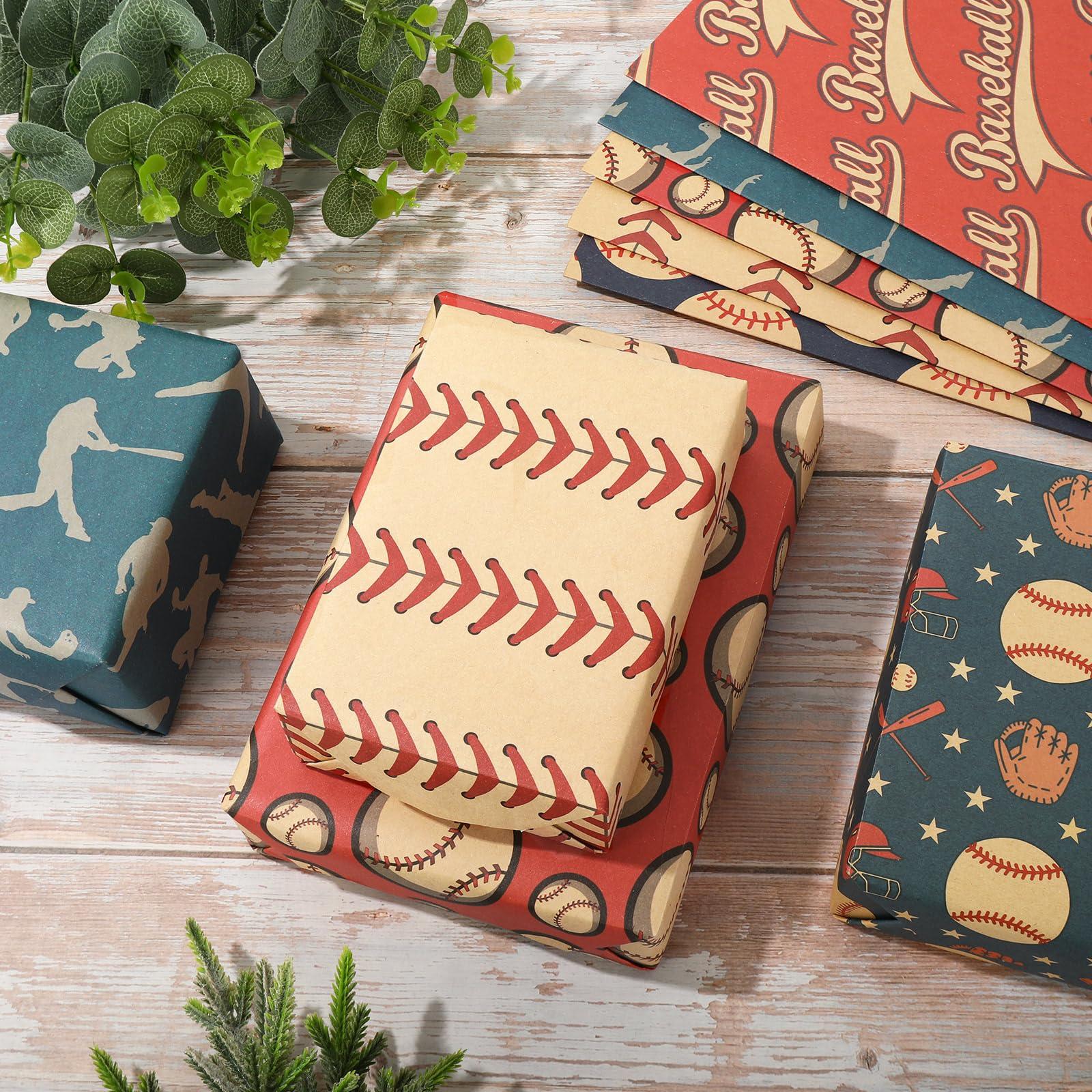 Generic Generic AnyDesign 12 Sheets Baseball Wrapping Paper -Not Roll- Red Blue Gift Wrap Paper Vintage Art Kraft Paper Folded Flat for DIY Crafts Birthday Baby Shower Party Favors Supplies, 19.7 x 27.6 Inch