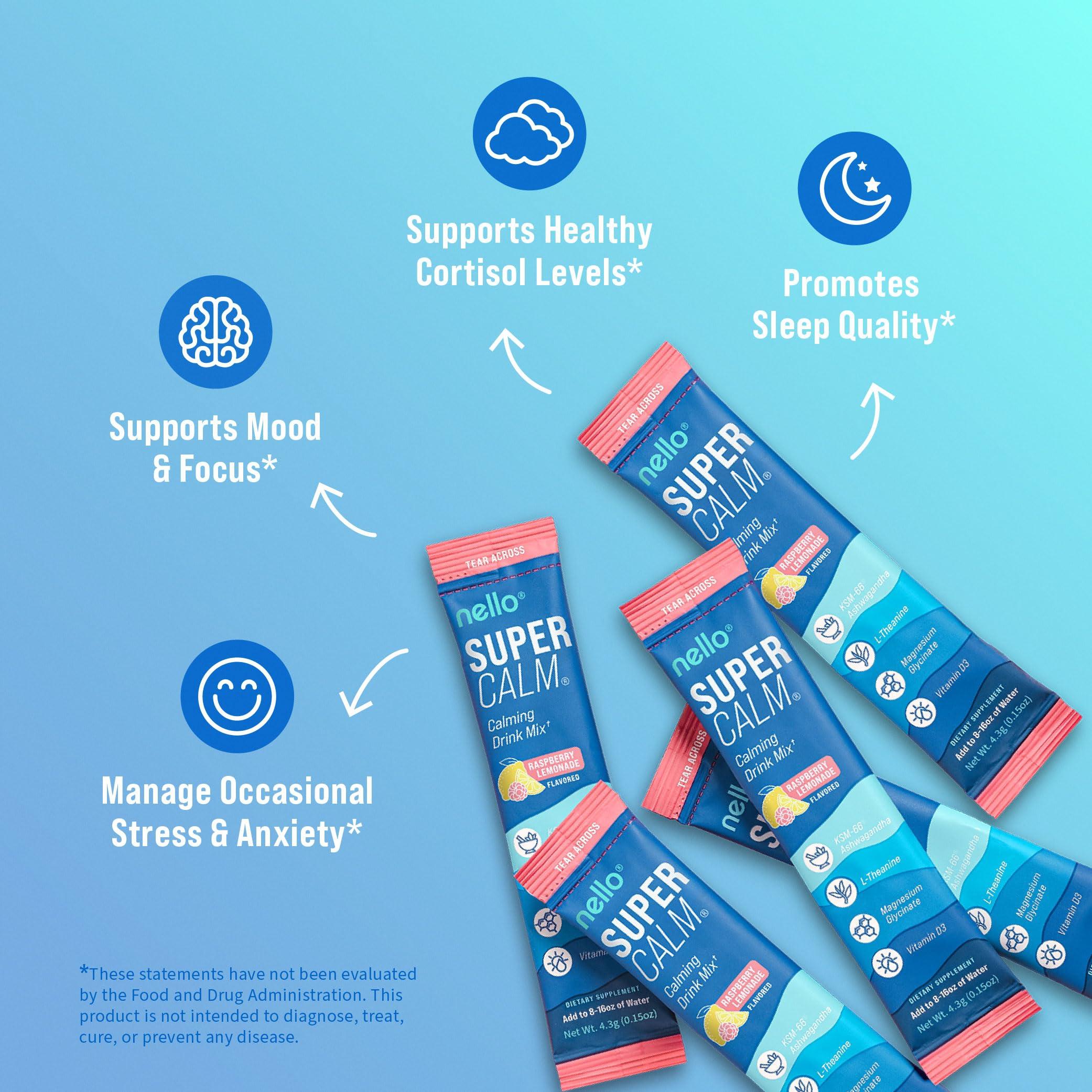 Nello Nello Supercalm Powdered Drink Mix, Raspberry Lemonade, L Theanine, Ksm-66 Ashwagandha, Magnesium Glycinate, Vitamin D 3, Supplements for Relaxation & Focus, No Sugar, Non GMO, Vegan, On The Go, 20 Ct