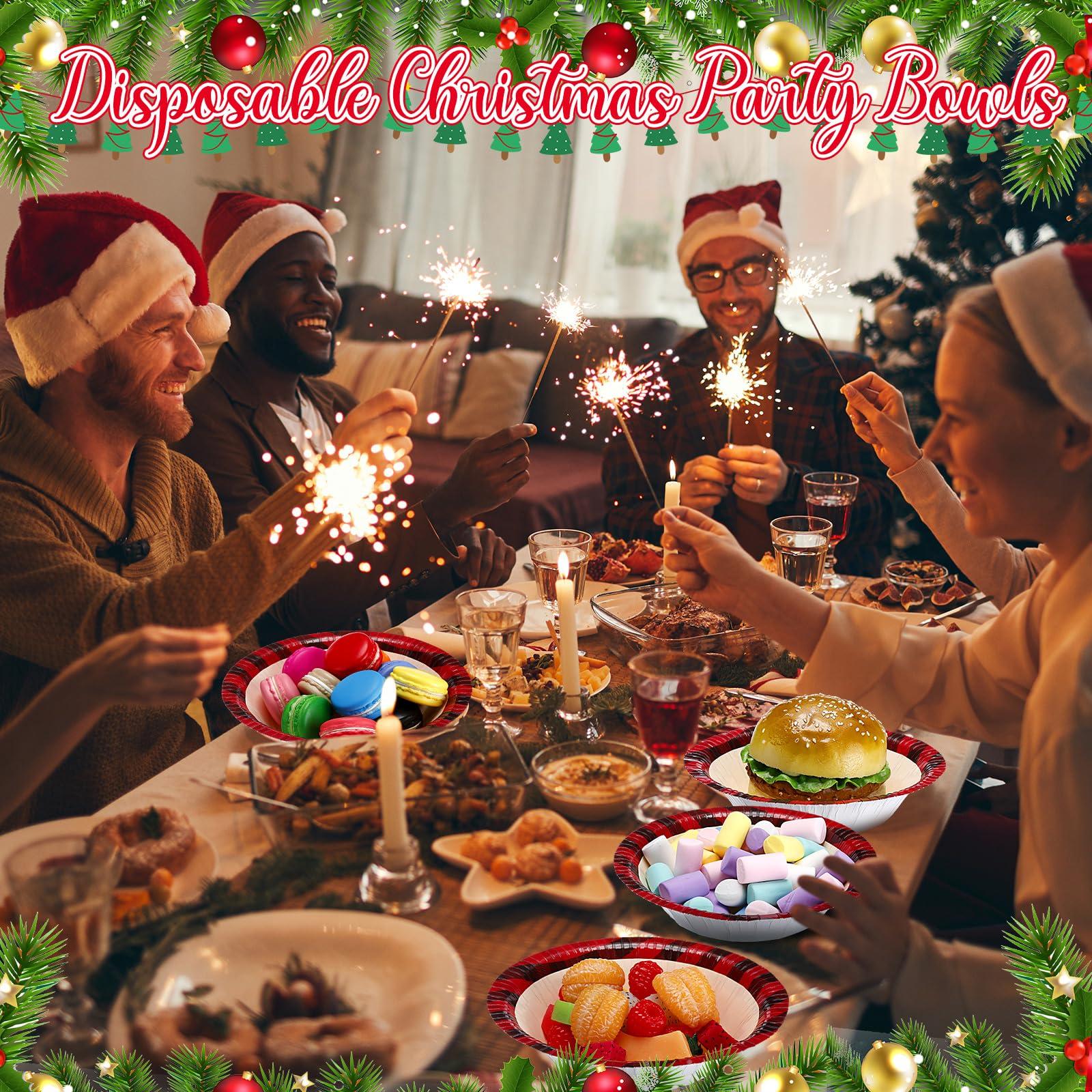 Jinei Jinei 50 Pcs Christmas Paper Bowls Bulk 16 oz Red and Black Paper Bowls Disposable Cereal Salad Dessert Soup Bowls Hot and Cold Food Serving Bowl for Christmas Birthday Party Picnic Supplies