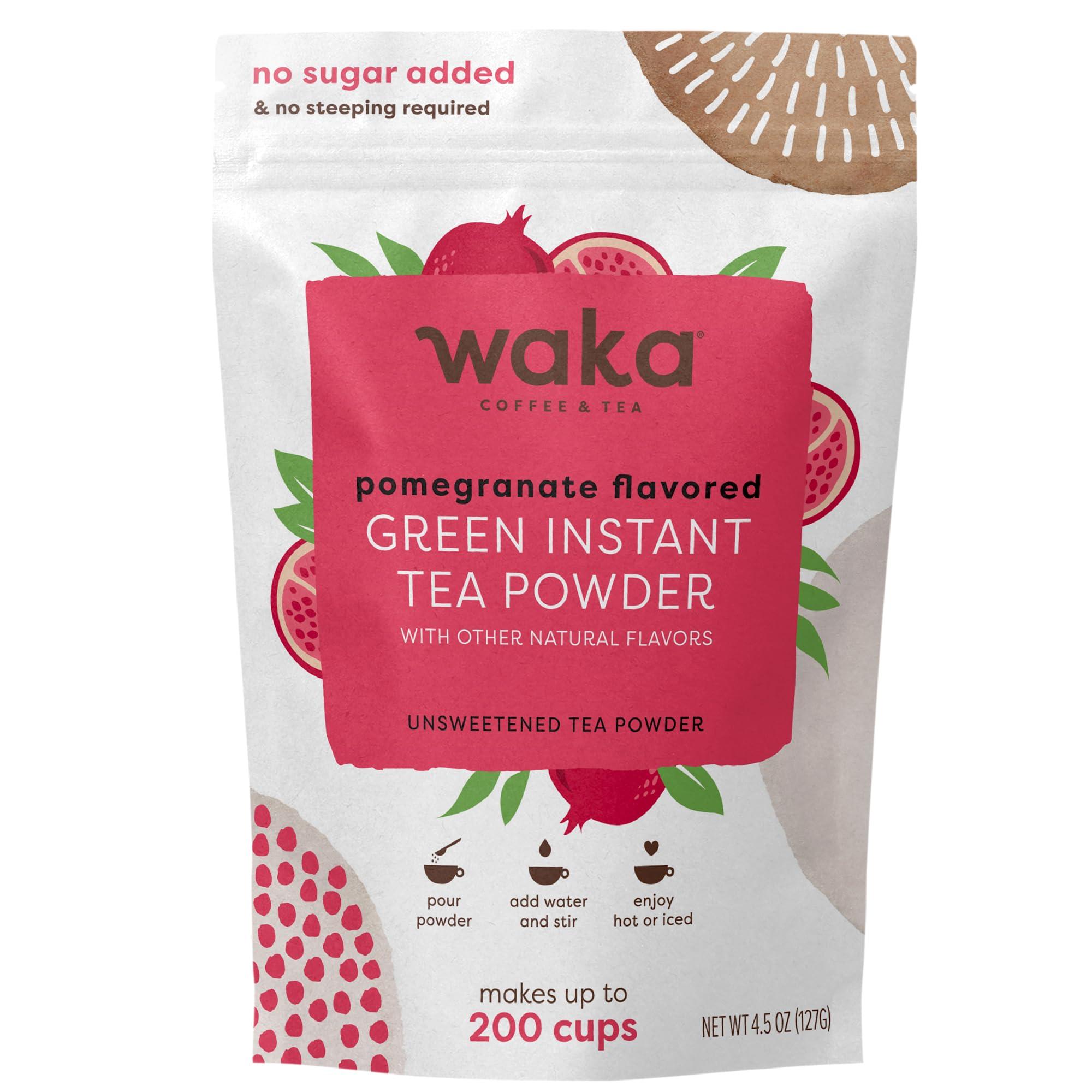 Waka Coffee Waka Instant Green Tea Mix, Pomegranate Flavored - 100% Tea Leaves, No Additives, Unsweetened Tea Powder in Bulk Pouch Easy Quick Hot and Iced Teas, Up to 200 Cups (4.5oz)
