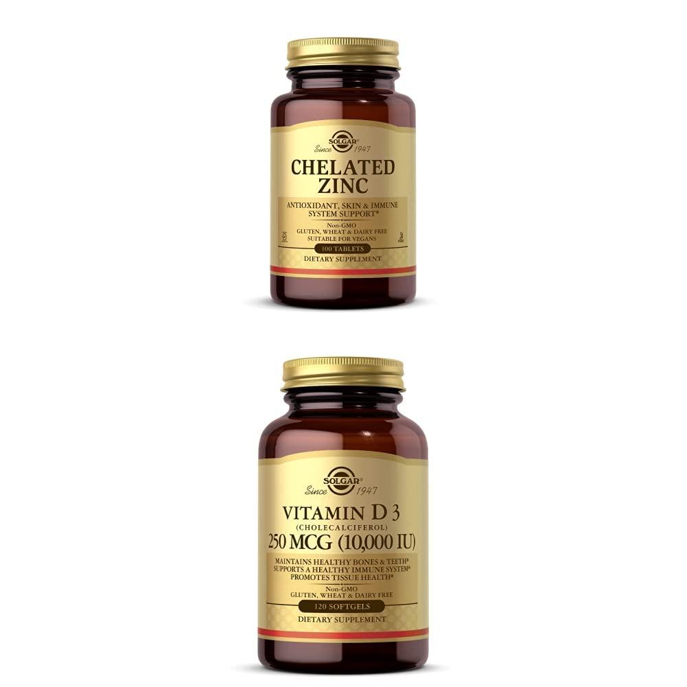 SOLGAR Solgar Chelated Zinc, 100 Tablets - Zinc for Healthy Skin + Solgar Vitamin D3 (Cholecalciferol) 250 MCG (10,000 IU), 120 Softgels - Immune System Support