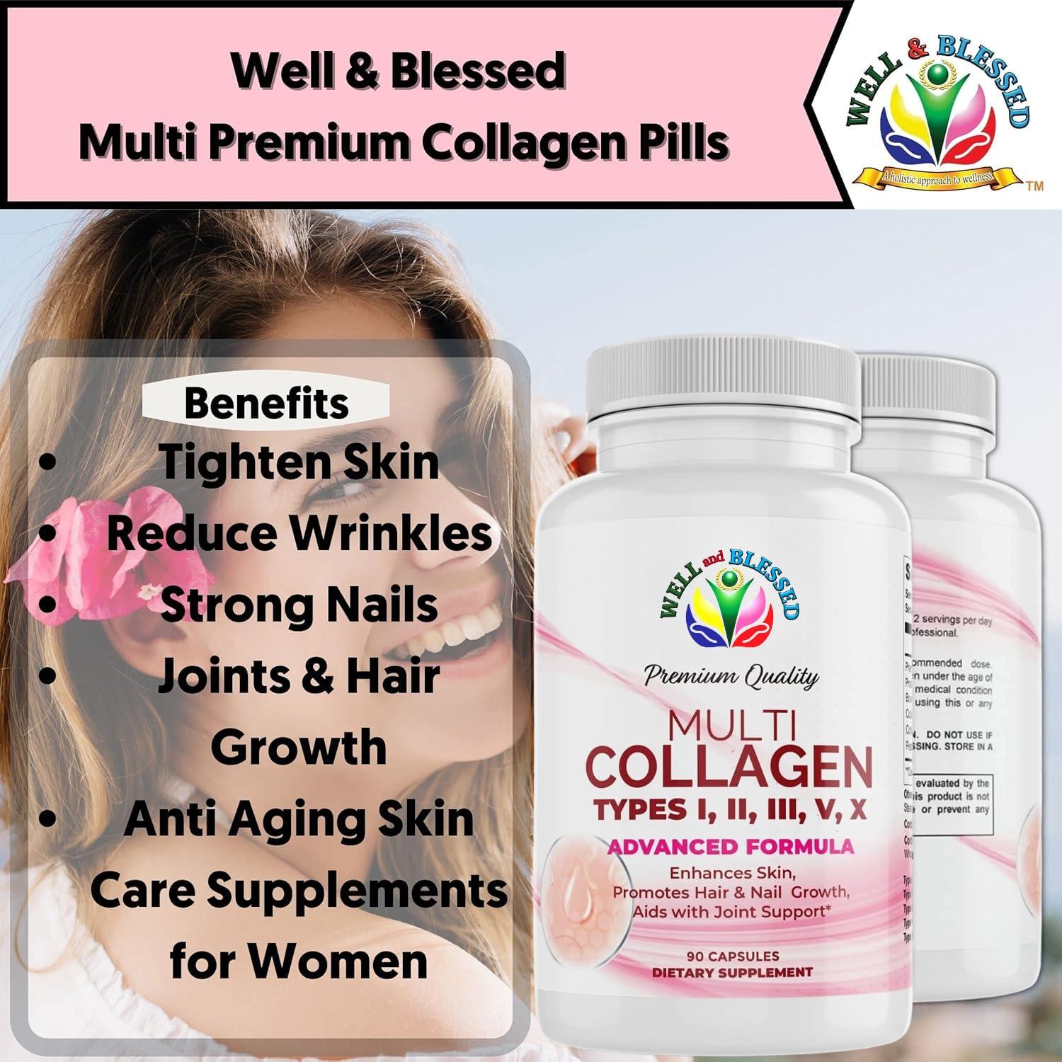 Well and Blessed Multi Premium Collagen Supplements for Women with Vitamin C, E -Tighten Skin, Reduce Wrinkles, Strong Nails, Joints & Hair Growth - Anti Aging Skin Care Supplements for Women -90 Capsules