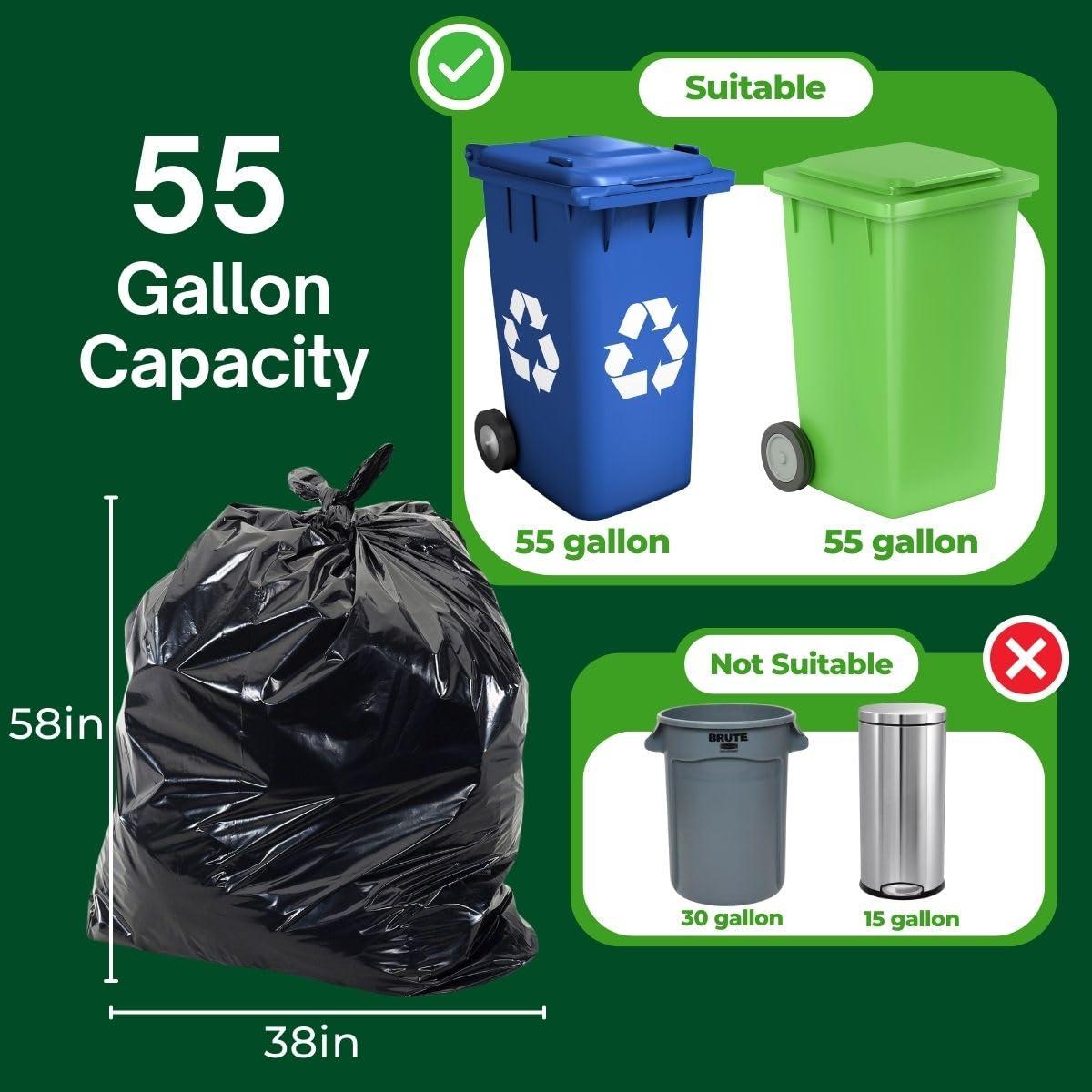 TP PLastic TP Plastic 55 Gallon Heavy Duty Contractor Trash Bags, 1.5 mil Thick Black Construction Bags, 100 Count for Lawn, Leaf, Industrial, and Outdoor Use
