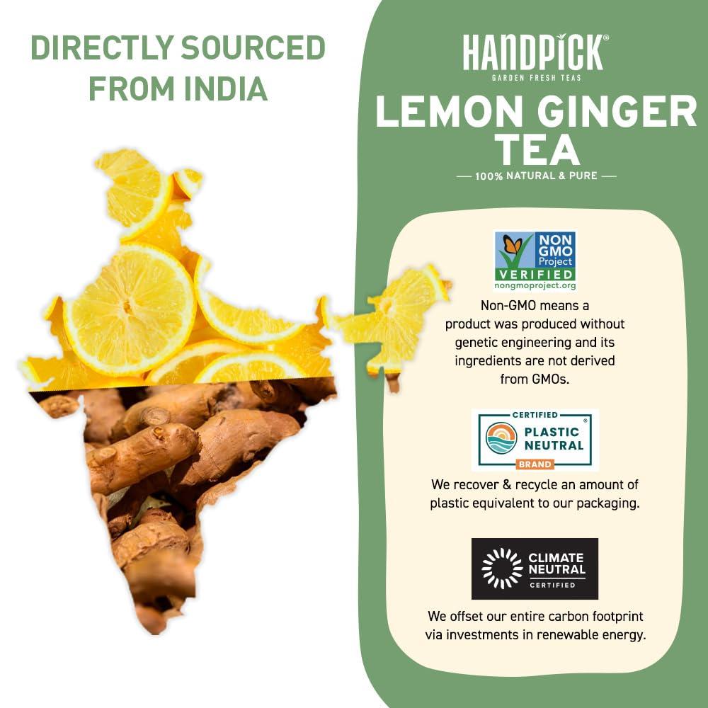 HANDPICK HANDPICK, Lemon Ginger Herbal Tea, Eco-conscious Tea Bags - 100 Pyramid Tea Bags | 100% Natural Ingredients, Hand-made Blend of Lemon & Ginger | Caffeine Free, Gluten Free | No Artificial Ingredients