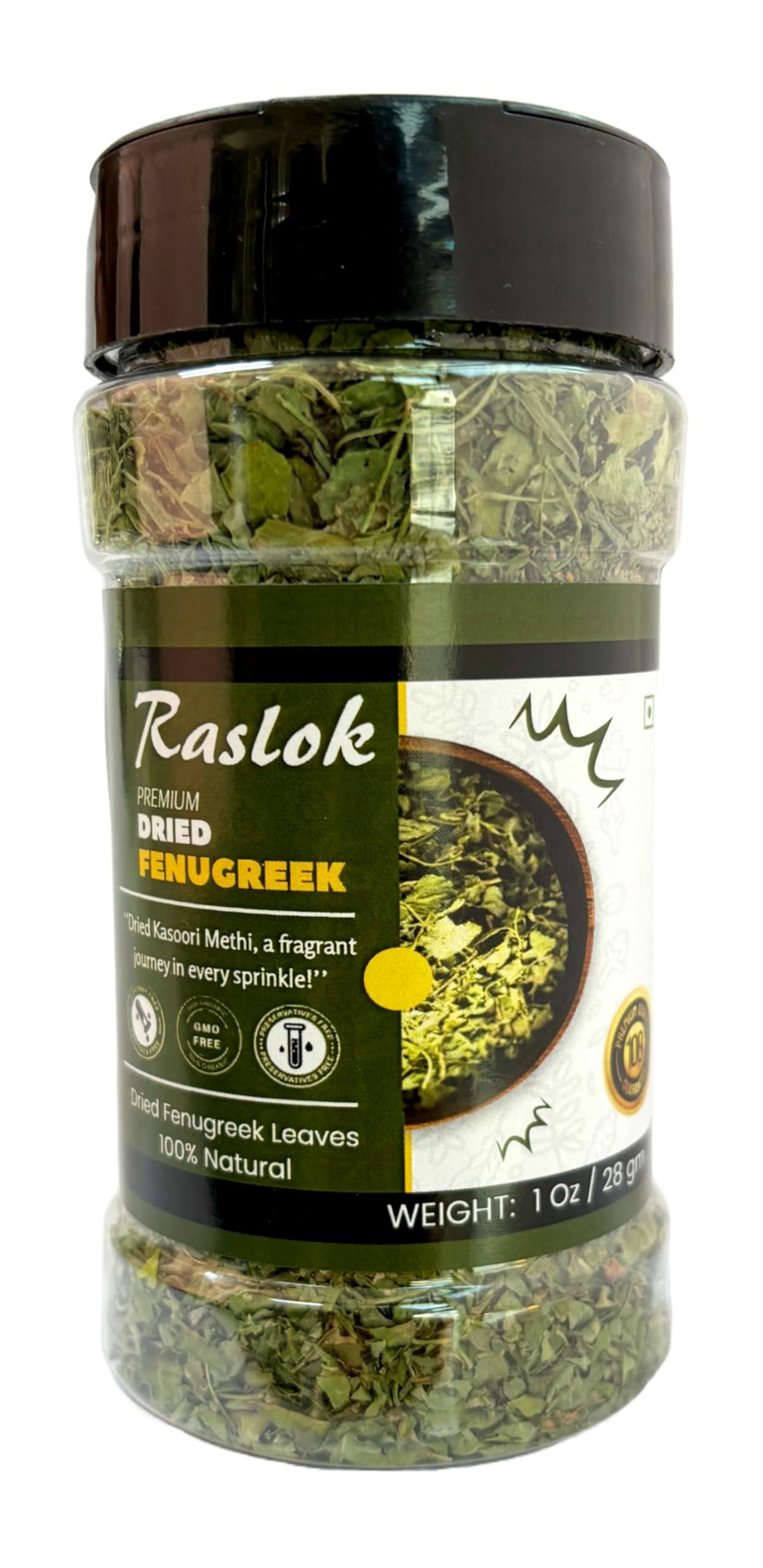 Raslok Raslok Dried Fenugreek Leaves (Kasoori Methi) 1oz + 100% Pure Kashmiri Chilli Powder 100g - All Natural, Vegan, Gluten-Free, Non-GMO Indian Spices Bundle | Traditional Kasuri Methi & Deggi Mirch Seaso