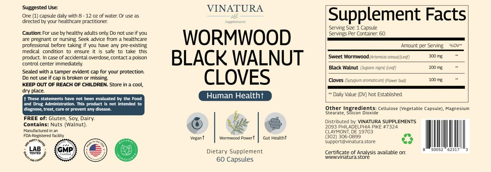 VINATURA VINATURA Wormwood Black Walnut Clove Capsules - Cleanse, Detox, Intestinal Guard Formula Supplement for Humans, with Wormwood herb, Black Walnut Extract Combination, 60 Capsules