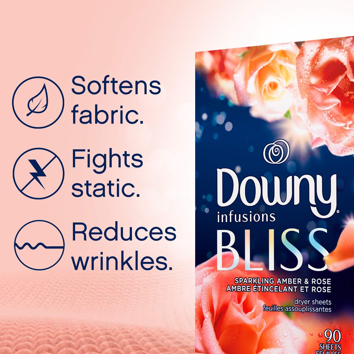 Downy Downy Infusions Mega Dryer Sheets, Laundry Fabric Softener, BLISS, Amber and Rose, 130 Count