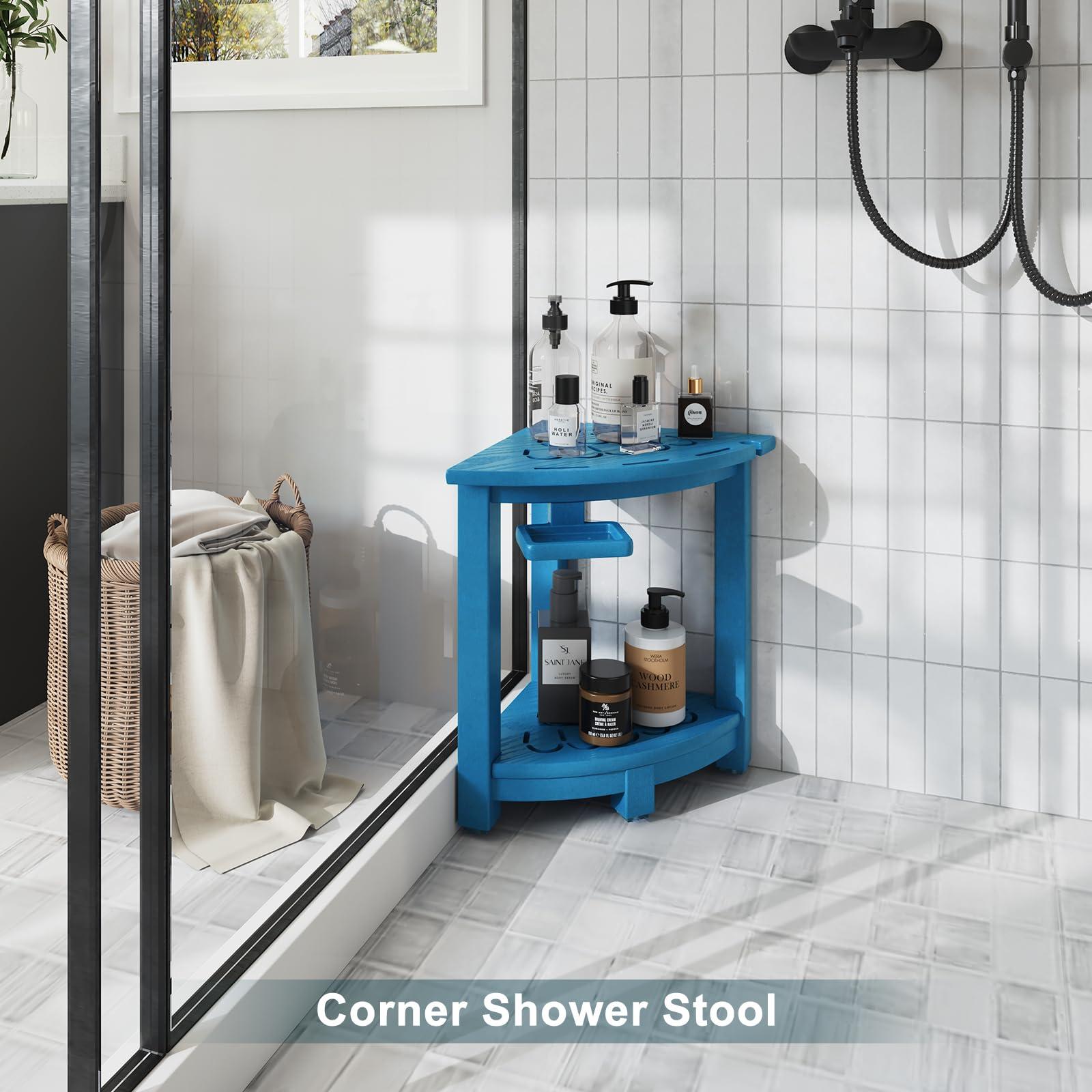 nalone nalone Corner Shower Stool, HDPE Shower Bench for Inside Shower, Small Shower Chair Seat for Shaving Legs with Storage Shelf, Soap Box and No-Slip Feet (Navy Blue)