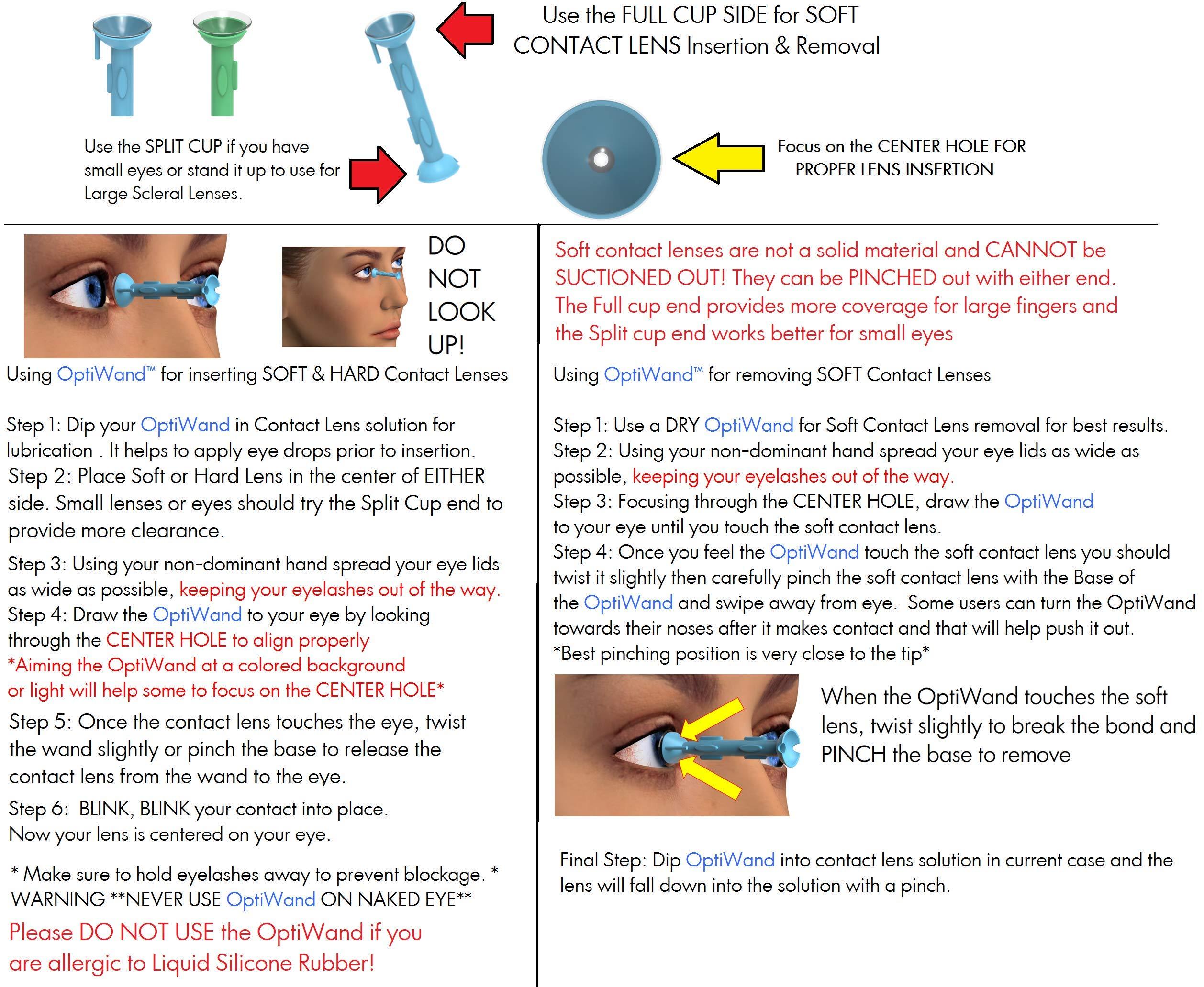 OptiWand 2 Pack - Small Portable Soft Contact Lens Removal & Insertion Tool - Silicone Rubber Eye Lens Inserter & Remover Device with Pincher End & Finger Grips - Safe & Easy to Use, Travel Size  1.75\"