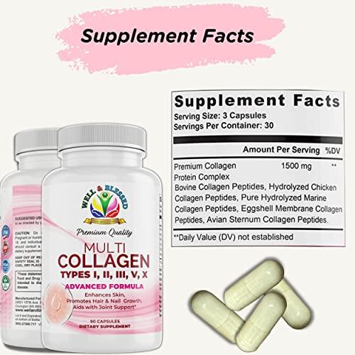 Well and Blessed Multi Premium Collagen Supplements for Women with Vitamin C, E -Tighten Skin, Reduce Wrinkles, Strong Nails, Joints & Hair Growth - Anti Aging Skin Care Supplements for Women -90 Capsules