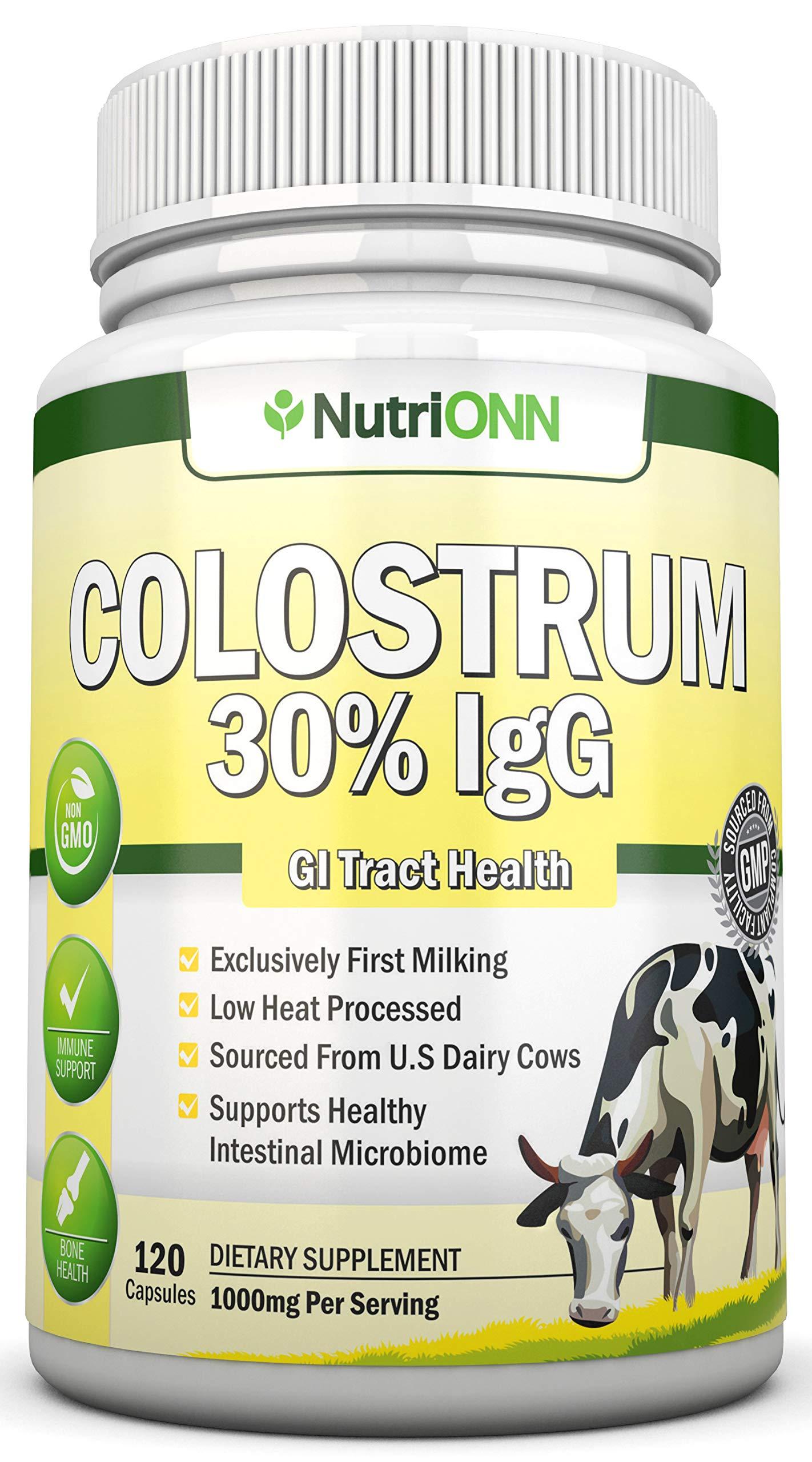NutriONN Colostrum - 1000mg - 120 Capsules - 30% IgG - Non-GMO US Dairy - First Milking Bovine Colostrum - Low Heat Processed - Great for GI Tract Health - Immune Support - Bone and Muscle Health