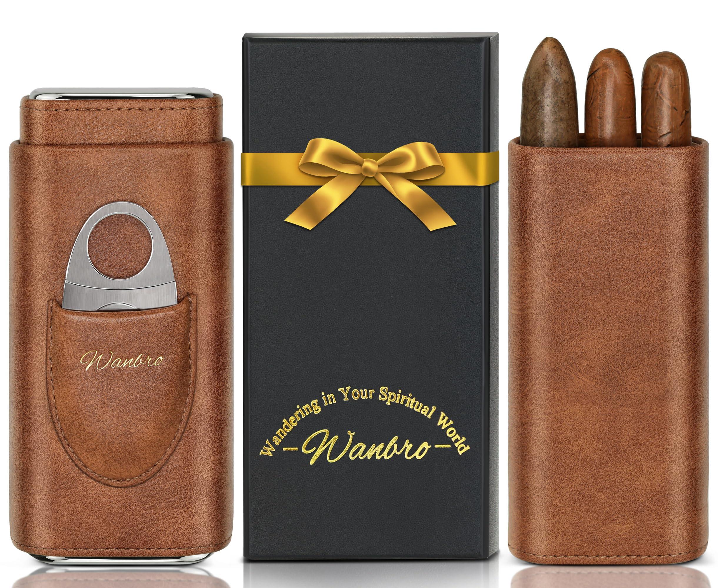 wanbro wanbro Cigar Case, 3pcs Holder, Cigars Travel Case, Cedar Lined, Leather Made Cigar Humidor with Stainless Cutter, Christmas gift for men dad