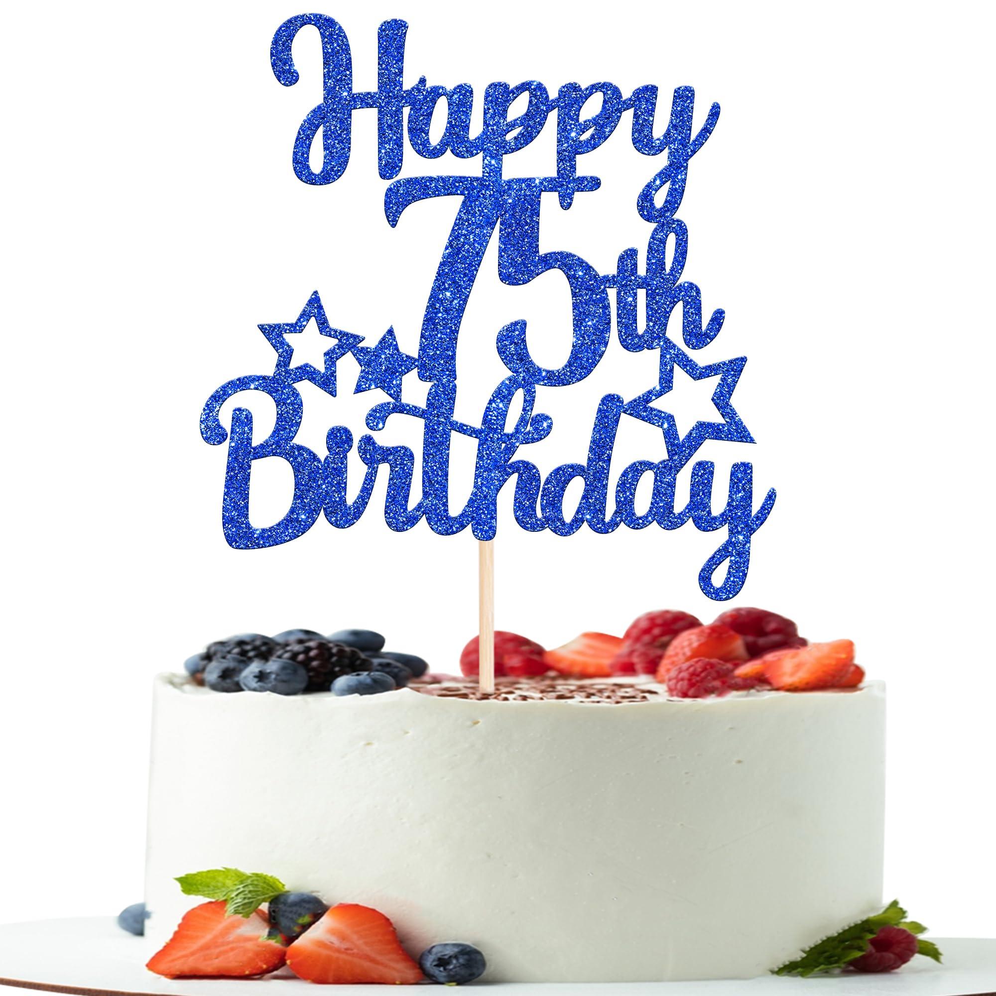 YCTHUNFISH 1 Pack Happy 75th Birthday Cake Topper Glitter Little Star 75 Fabulous Cake Pick Birthday Sign Cake Decorations for 75th Birthday Theme Party Supplies Dark Blue