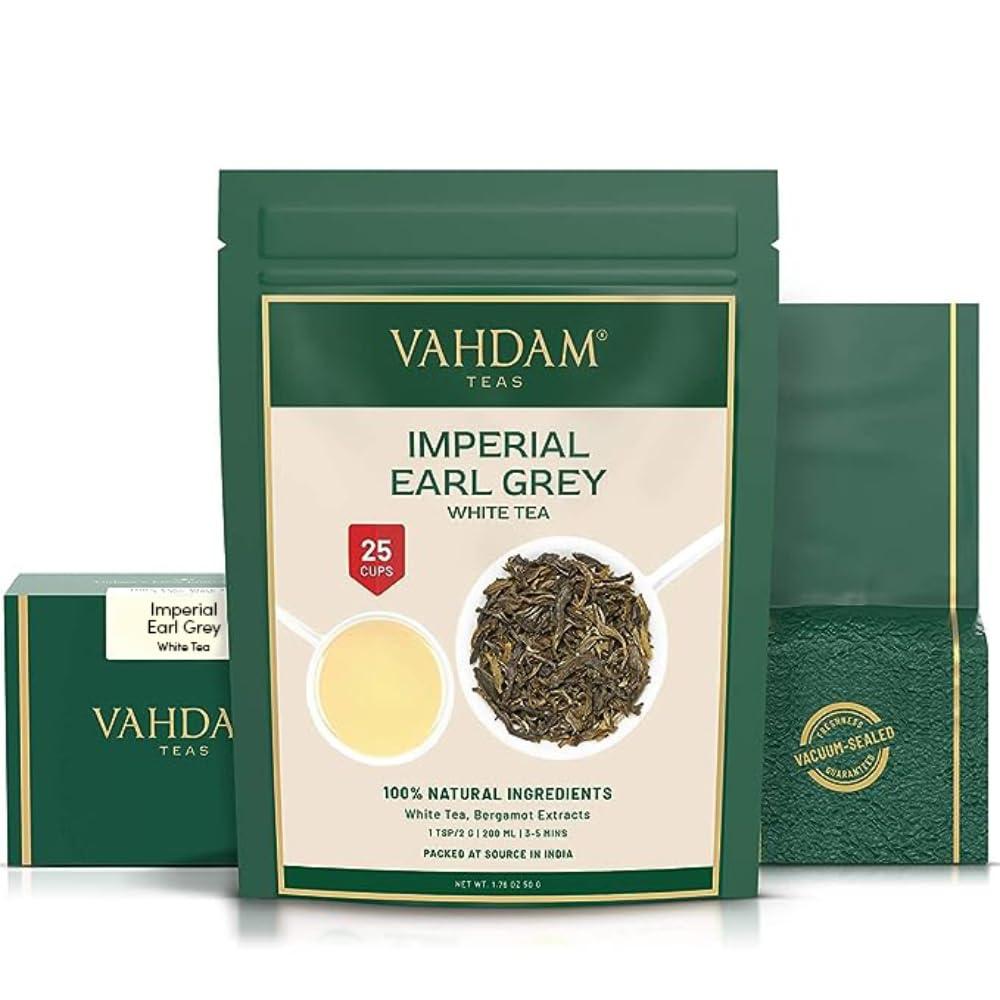 VAHDAM VAHDAM, Earl Grey Imperial White Tea Loose Leaf (25 Cups/1.76oz) High Elevation Grown, White Tea Loose Leaf Tea | Brew As Hot Tea Or Iced Tea | Pure Unblended Loose Leaf Tea | Vacuum Sealed