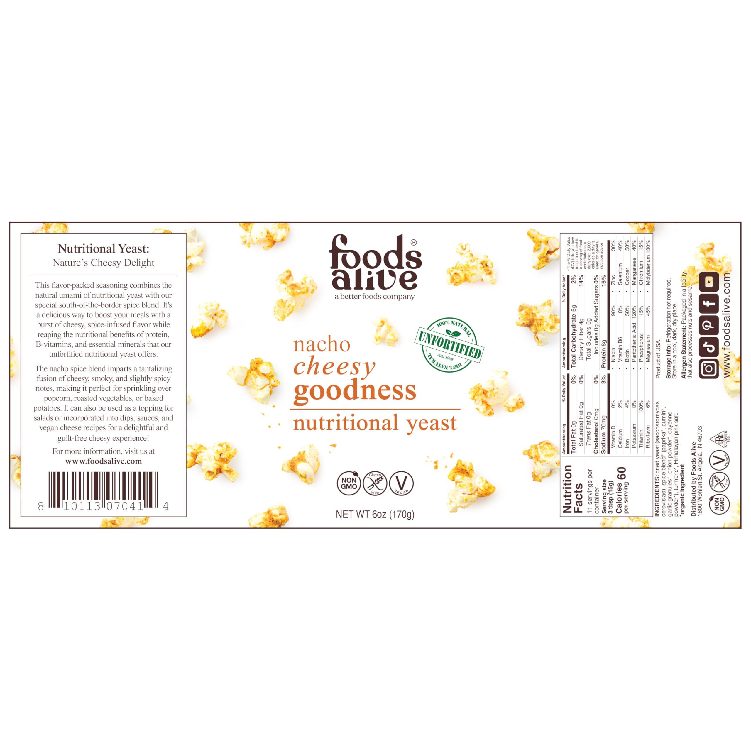 Foods Alive Foods Alive Nacho Cheesy Goodness Nutritional Yeast, 6oz Shaker Jar/Non-Fortified, Vegan Cheese Powder Seasoning