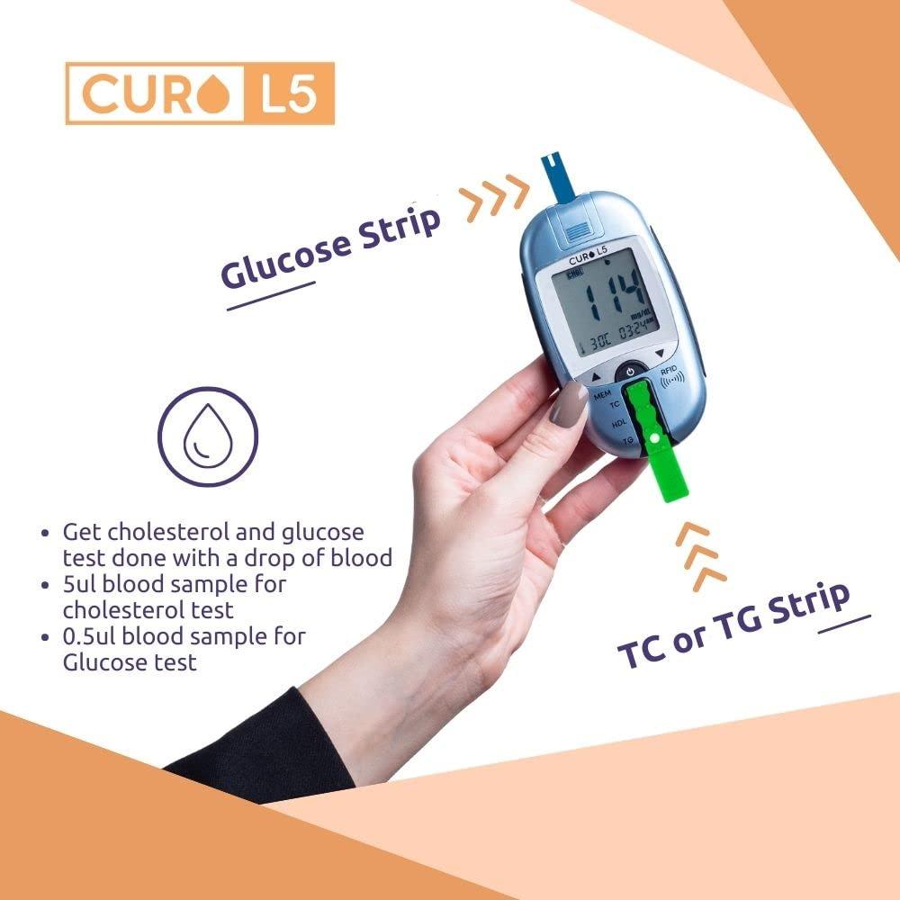 CUROFIT All in One CURO Home Blood Cholesterol Test Kit (L5 Device + 10 Total Cholesterol Strips + 10 Triglycerides Strips + 50 Glucose Strips Included)