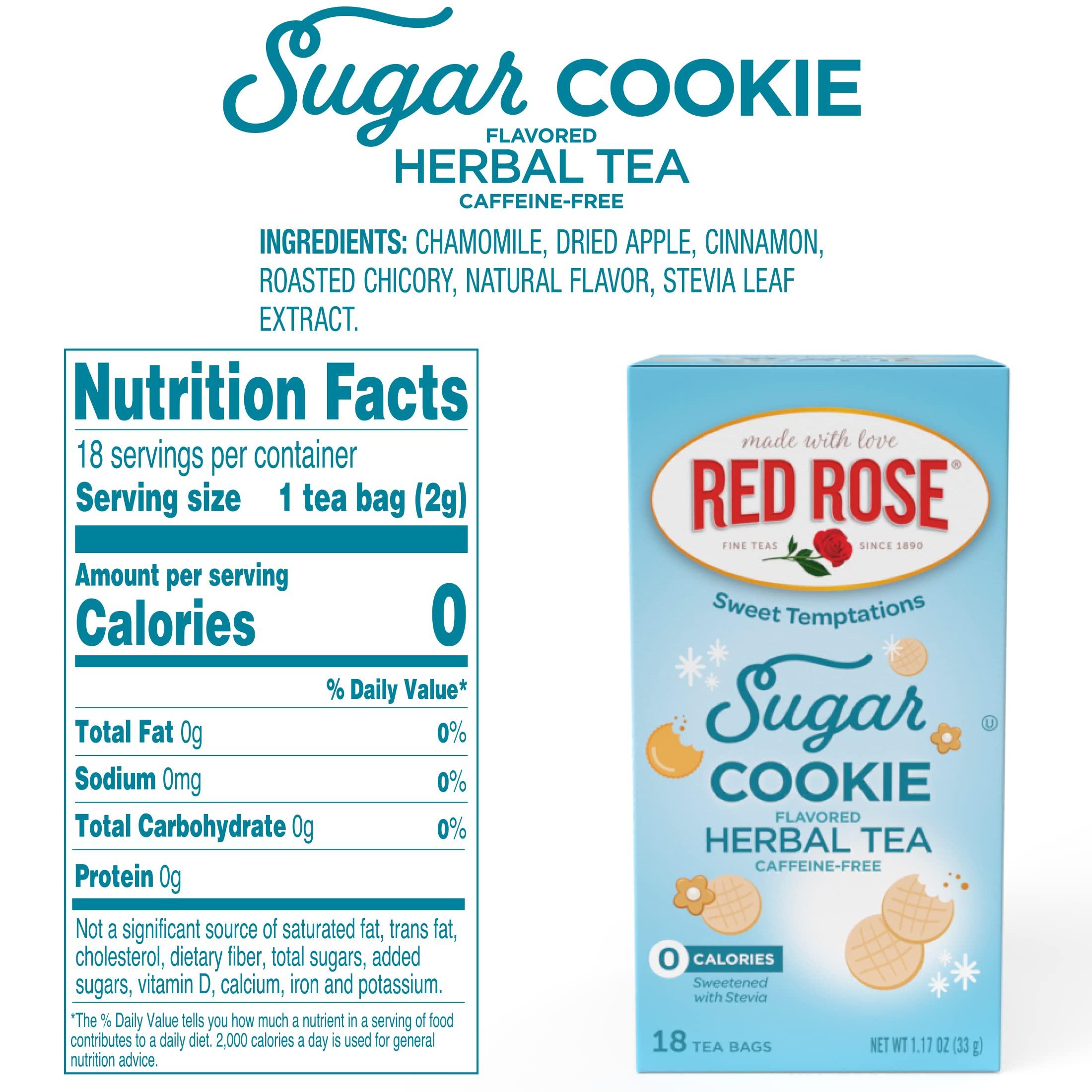 Red Rose Red Rose Sweet Temptations Dessert Tea Sugar Cookie, Zero Carbs, Zero Sugar Bursting with Flavor Caffeine-Free Delicious Beverage Herbal Tea, 18 Count of Fruit Naturally Flavored Black Tea