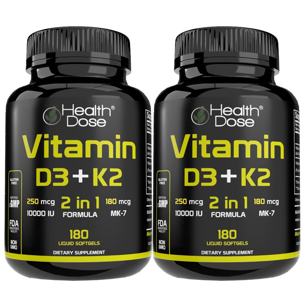 Health Dose Health Dose Vitamin D3 10,000 IU + K2 (MK7) Supplement, 2-in-1 Formula, Immune Support, a Healthy Mood, Heart, Joint, Teeth, Bone Health, Calcium Absorption, 180 softgels. (2)