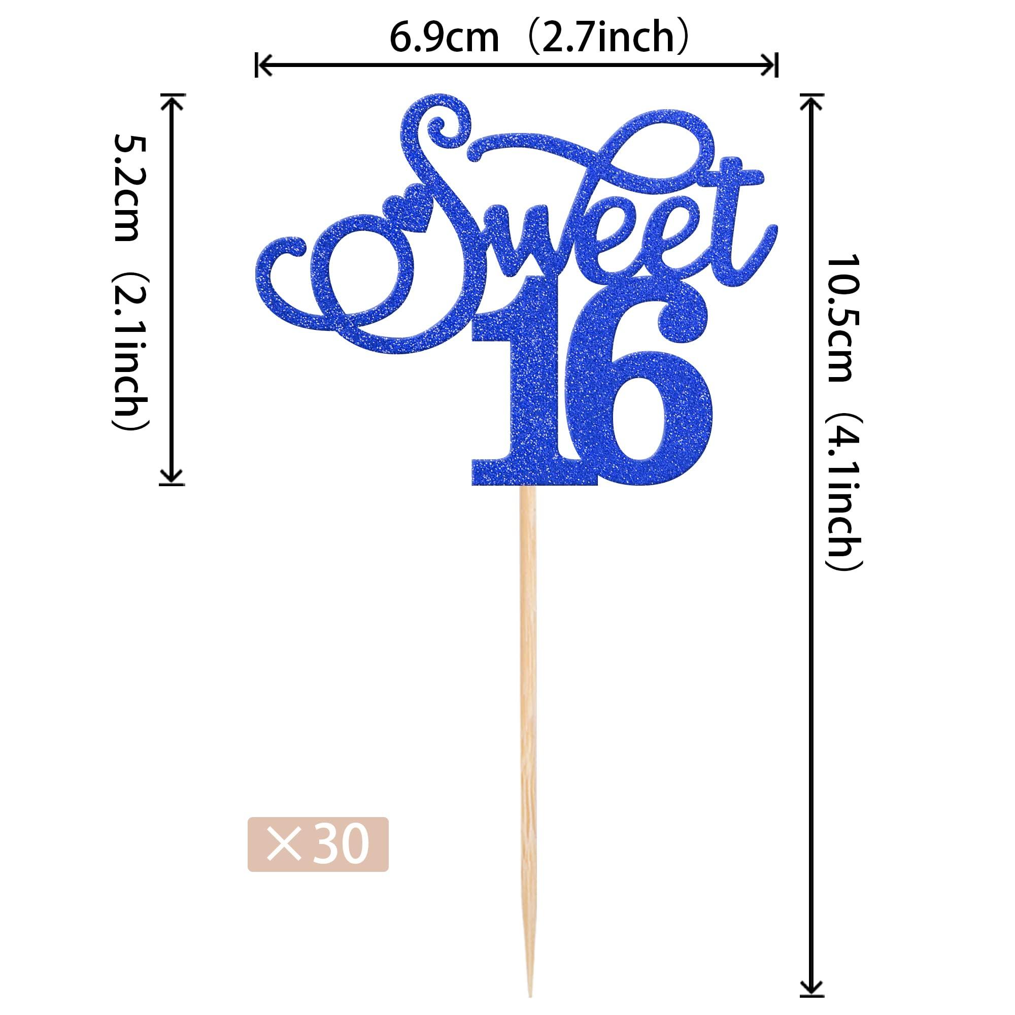 Rsstarxi Rsstarxi 30 Pack Sweet 16 Cupcake Toppers Glitter Love Heart Cheers to 16 Cupcake Picks for 16th Birthday Wedding Anniversary Party Cake Decorations Supplies Deep Blue
