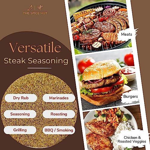 The Spice Hut Spice Hut - Organic Steak Seasoning & Dry Rub for Prime Rib, Roast, Burger / Sugar-Free, with Salt / Roadhouse Grill Spice Mix for Chicken, Chop House Seasoning Steak & Beef Rub / All-Natural, Kosher, Vegan, Gluten Free, Keto -No MSG- 3.5oz Glass Jar