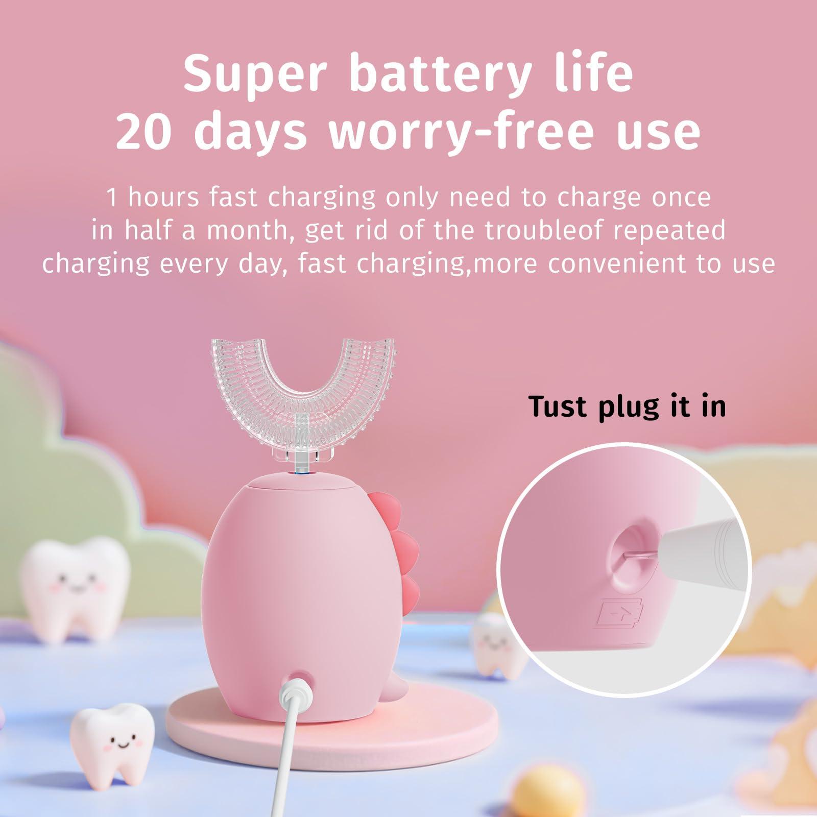 Yodabai yeklike Kids Electric Toothbrushes, U Shaped Ultrasonic Toothbrush,Rechargeable Kids Toothbrush w/Smart Timer, Sonic Toothbrush Kids with 6 Modes, IPX7 Waterproof Design (2-7 Year Old, Pink)