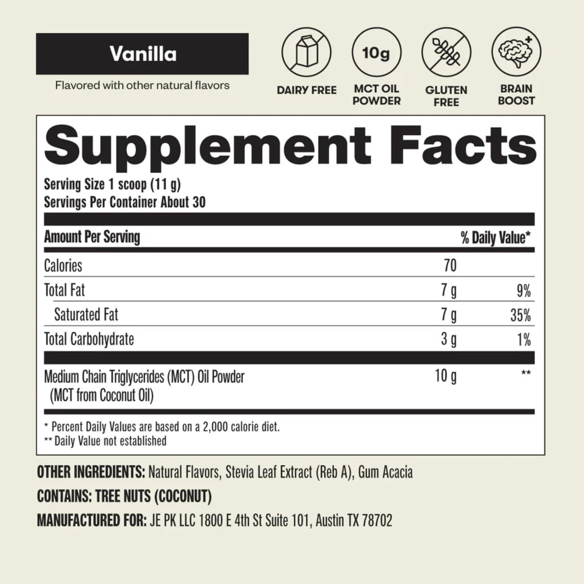 Perfect Keto Perfect Keto 7g MCT Oil Powder, Medium Chain Triglycerides Supplement, Non Dairy Coffee Creamer for Keto Diet, Ketogenic MCT Oil Mix for Coffee, Smoothie, Protein Shakes and Tea, Vanilla, 30 Servings