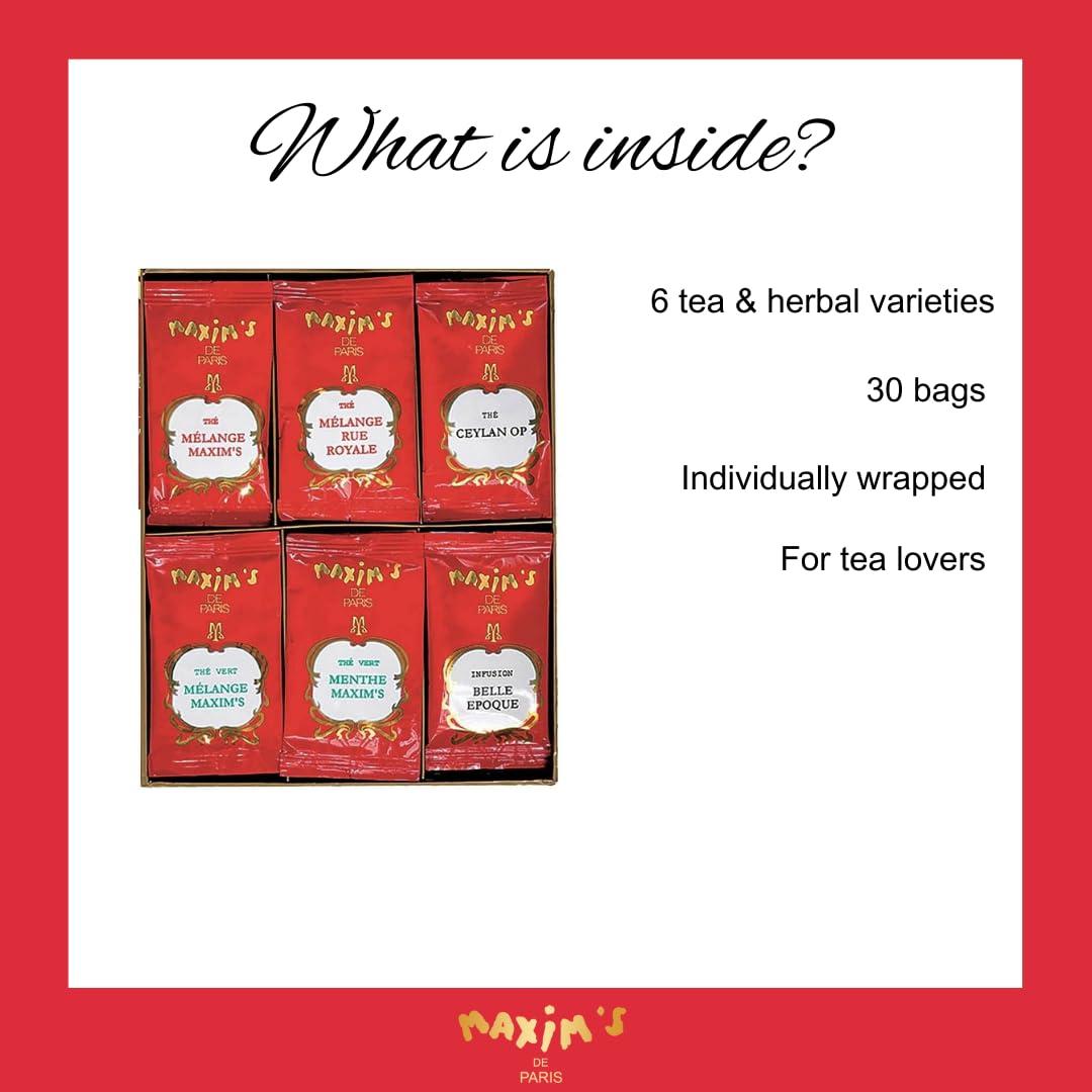 MAXIM\'S DE PARIS Maxim\'s De Paris Gift Box Tea Sampler - French Iconic Brand - 30 Tea Bags - Assortment of 6 Gourmet Teas - Individual Wrapping for Freshness - Ready to Gift Box - Gift for Tea Lovers or Francophile