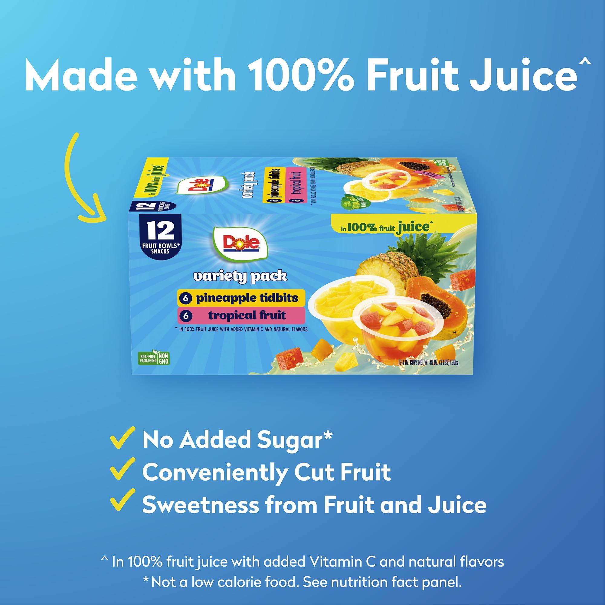 Dole Dole Pineapple Tidbits and Tropical Fruit in 100% Juice Variety Pack - Dole Fruit Bowls Snacks - 4 oz Bowls - 12 Pack