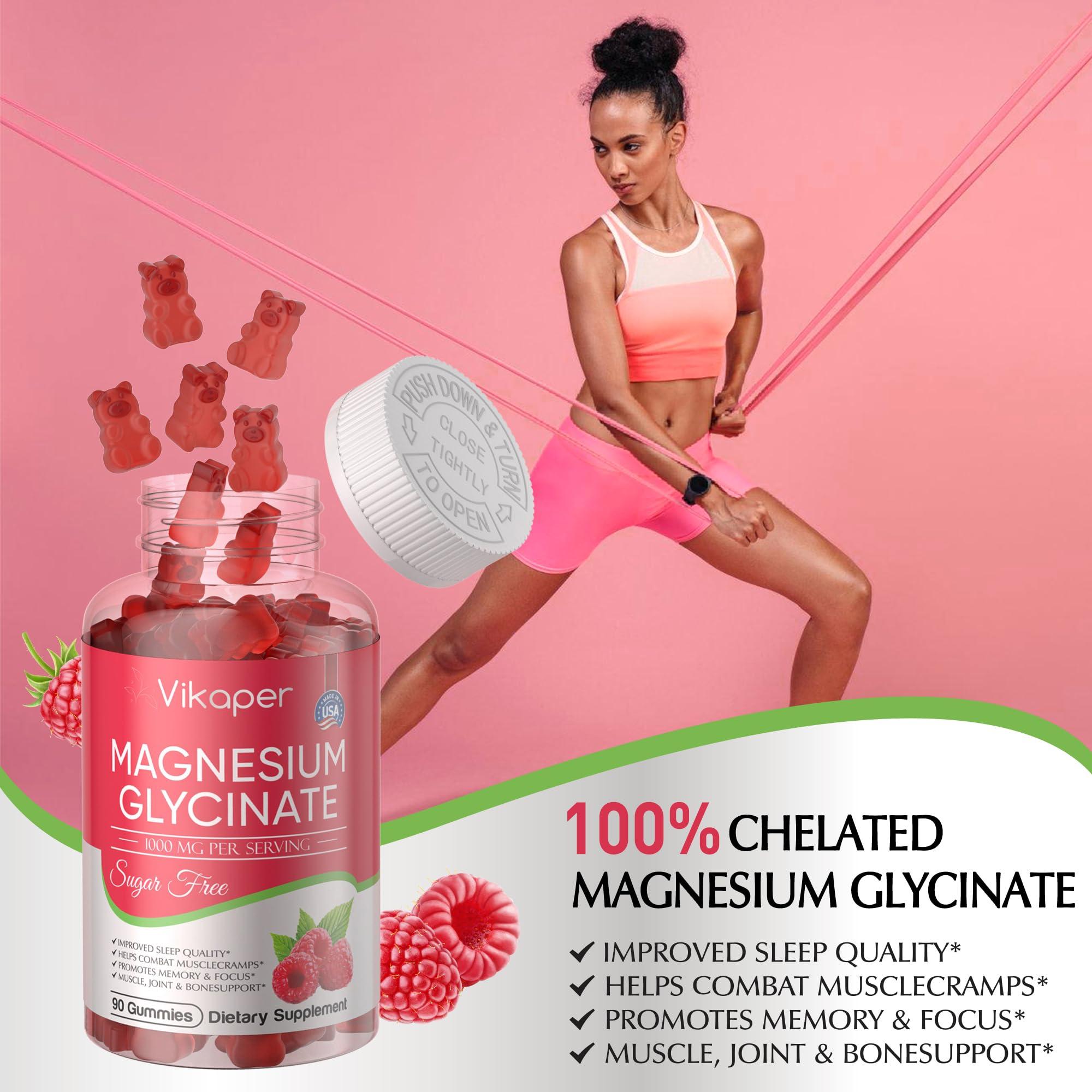 VIKAPER Magnesium Glycinate Gummies 1000mg Sugar Free,Magnesium Potassium Supplement with Vitamin D3,B6 to Sleep,Stress,Muscle Relief,Nerve Health Support for Adults,180 Raspberry Flavor Gummy