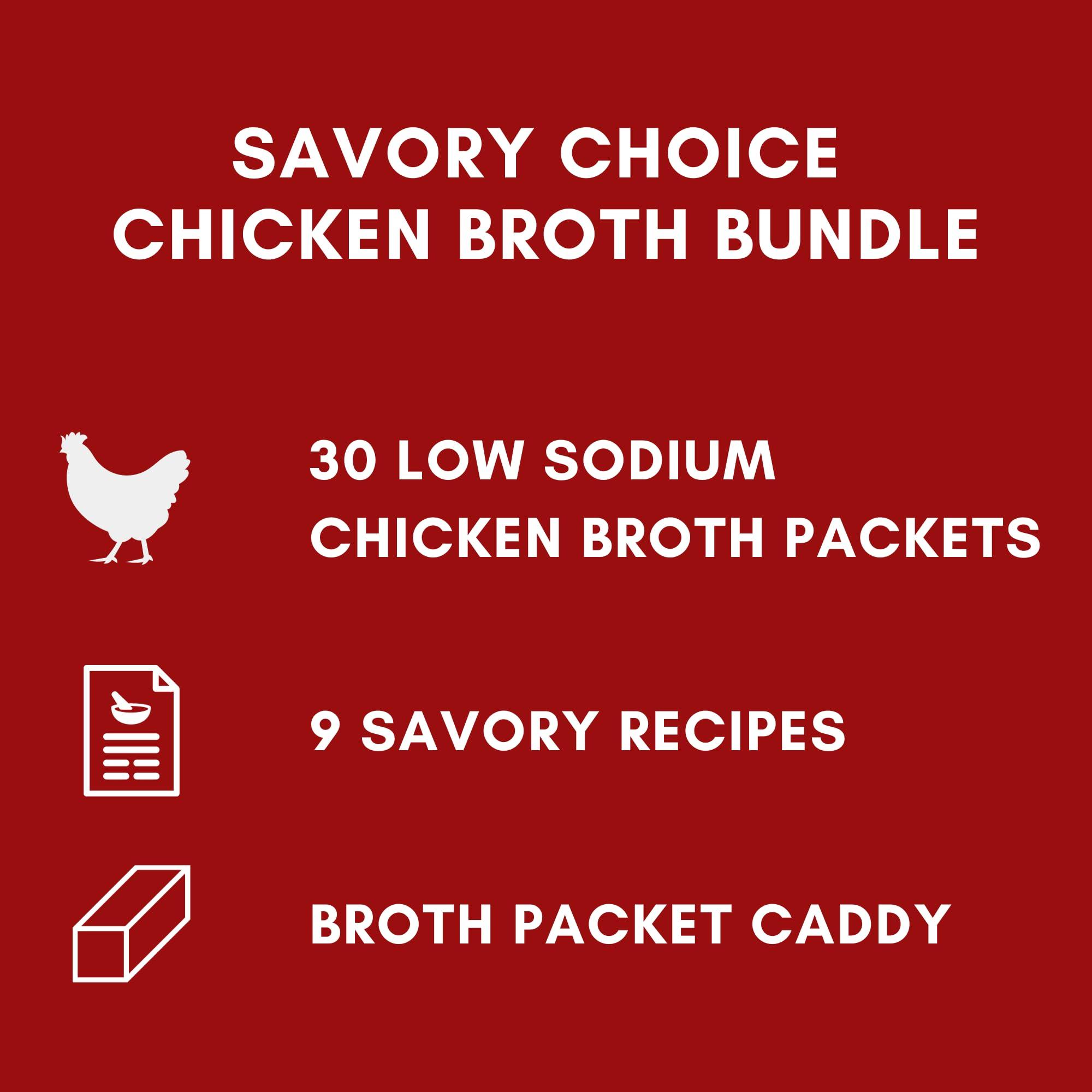 Foxtail Collective Savory Choice Chicken Broth Concentrate Reduced Sodium Packets (30 packs) Bundled with Chicken Stock Concentrate Packets Caddy and 9 Recipes by Foxtail Collective, Convenient, Gluten-Free, Dairy-Free