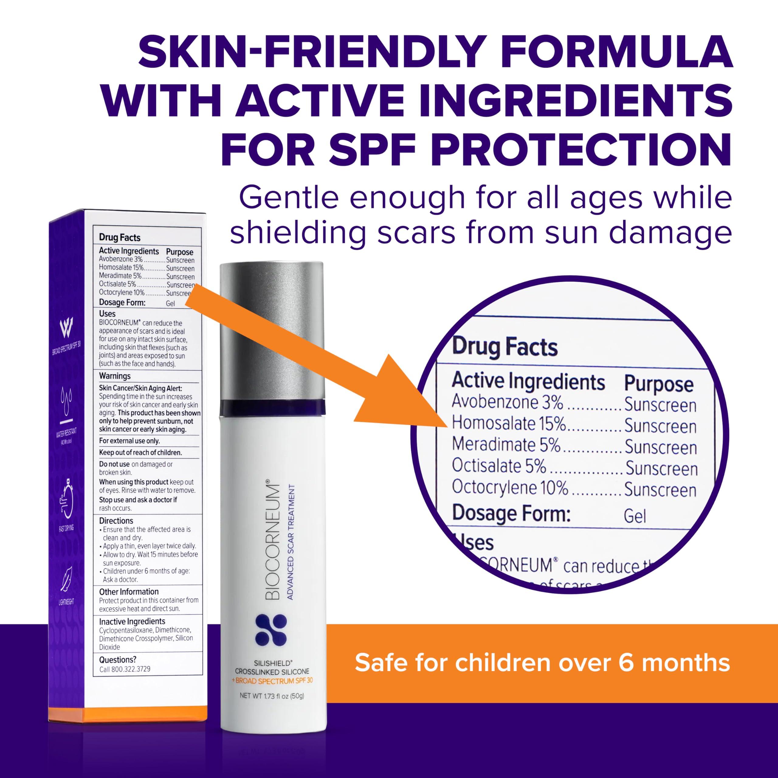 BIOCORNEUM Advanced Scar Treatment with Silishield & SPF 30 50g  Made in the USA, Fast-Drying, Water-Resistant Silicone Scar Gel - Surgeon Recommended for New & Old Scars - Suitable for Children Over 6 Months
