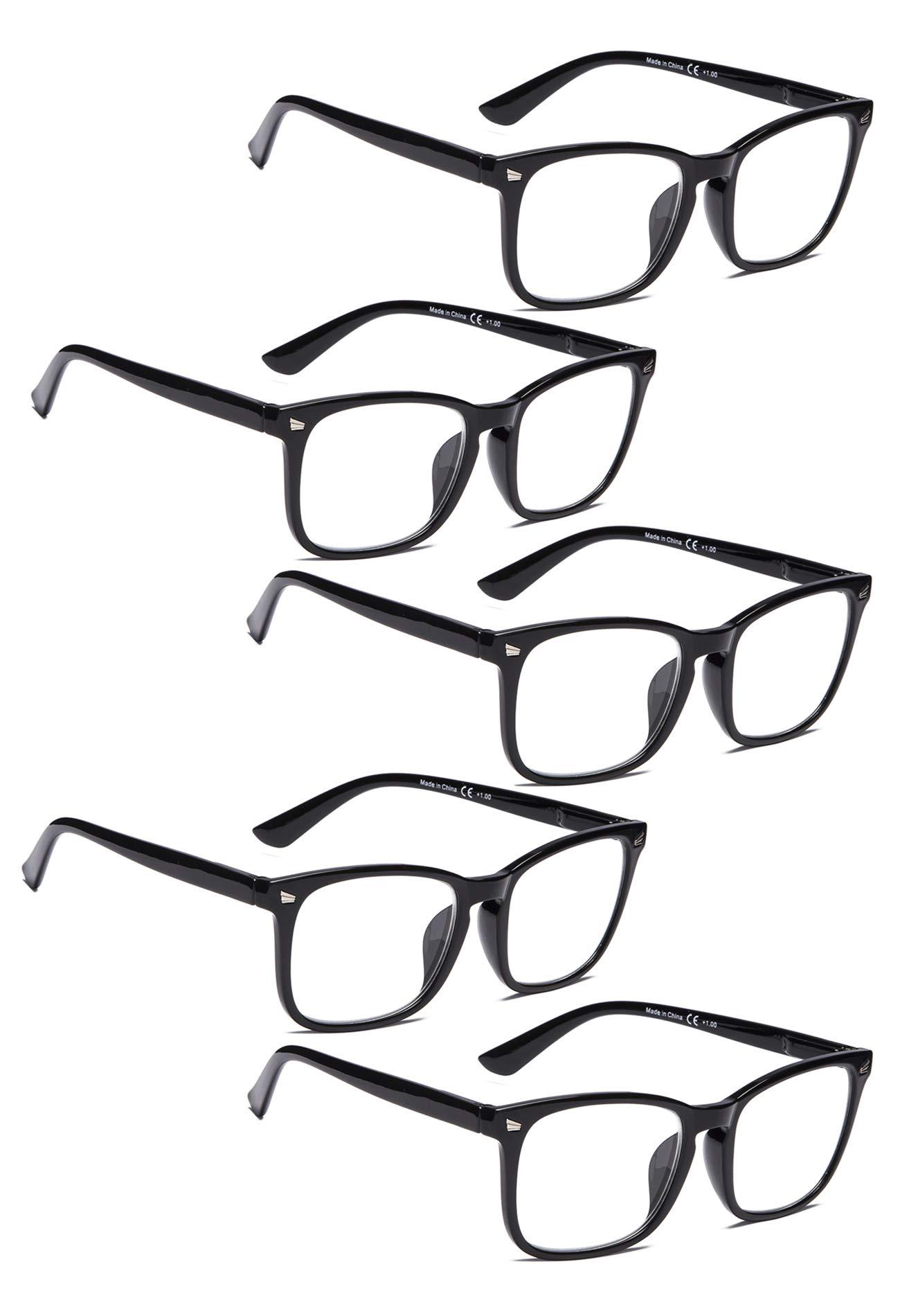 LUR READING GLASSES 5 pack Stylish Womens Readers (Black, +1.75)