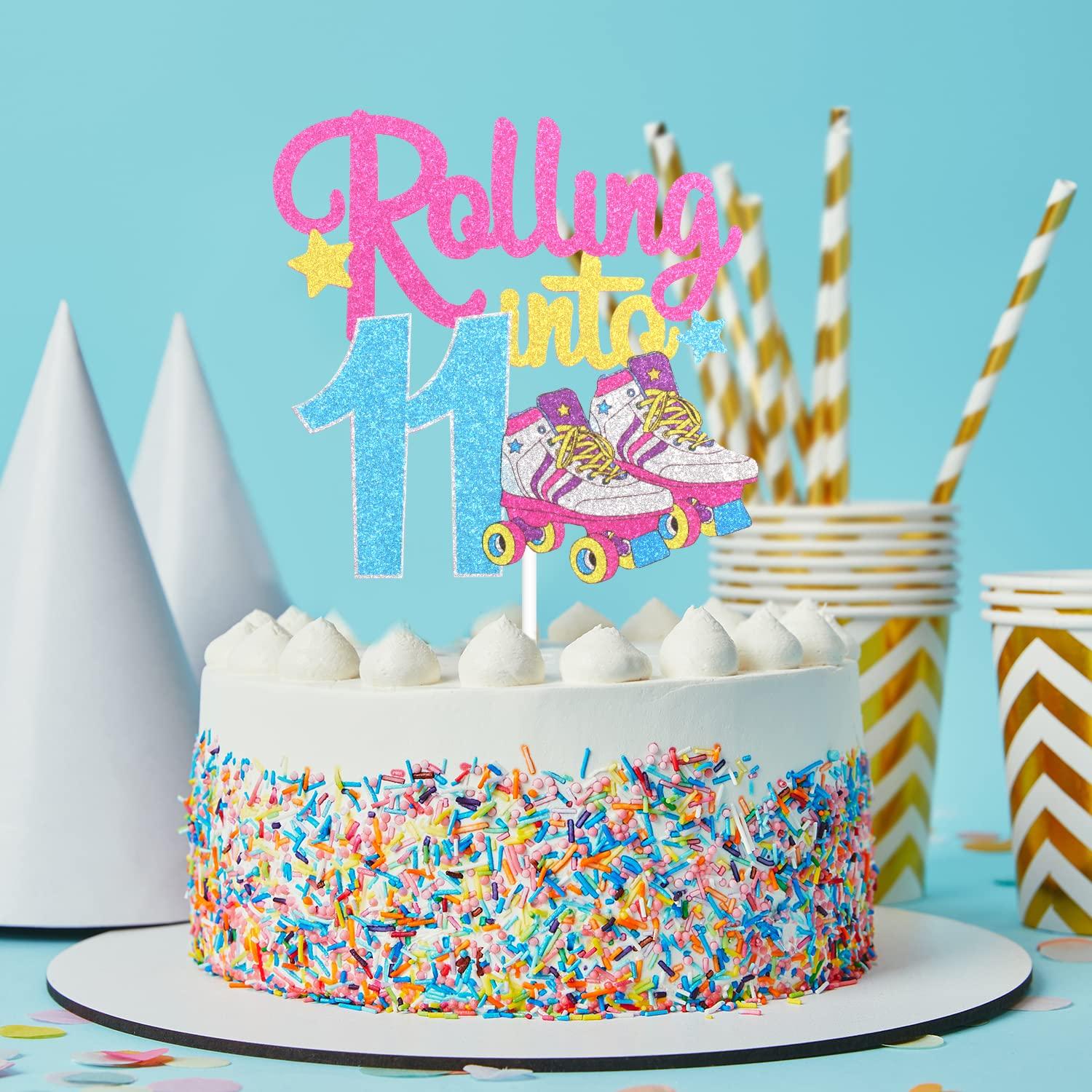 Caiwowo Rolling Into 11 Roller Skating Happy Birthday Cake Topper - 90's Throwback Girl's 11th Birthday Party Cake Topper Supplies - Roller Skating Party Supplies For Girls