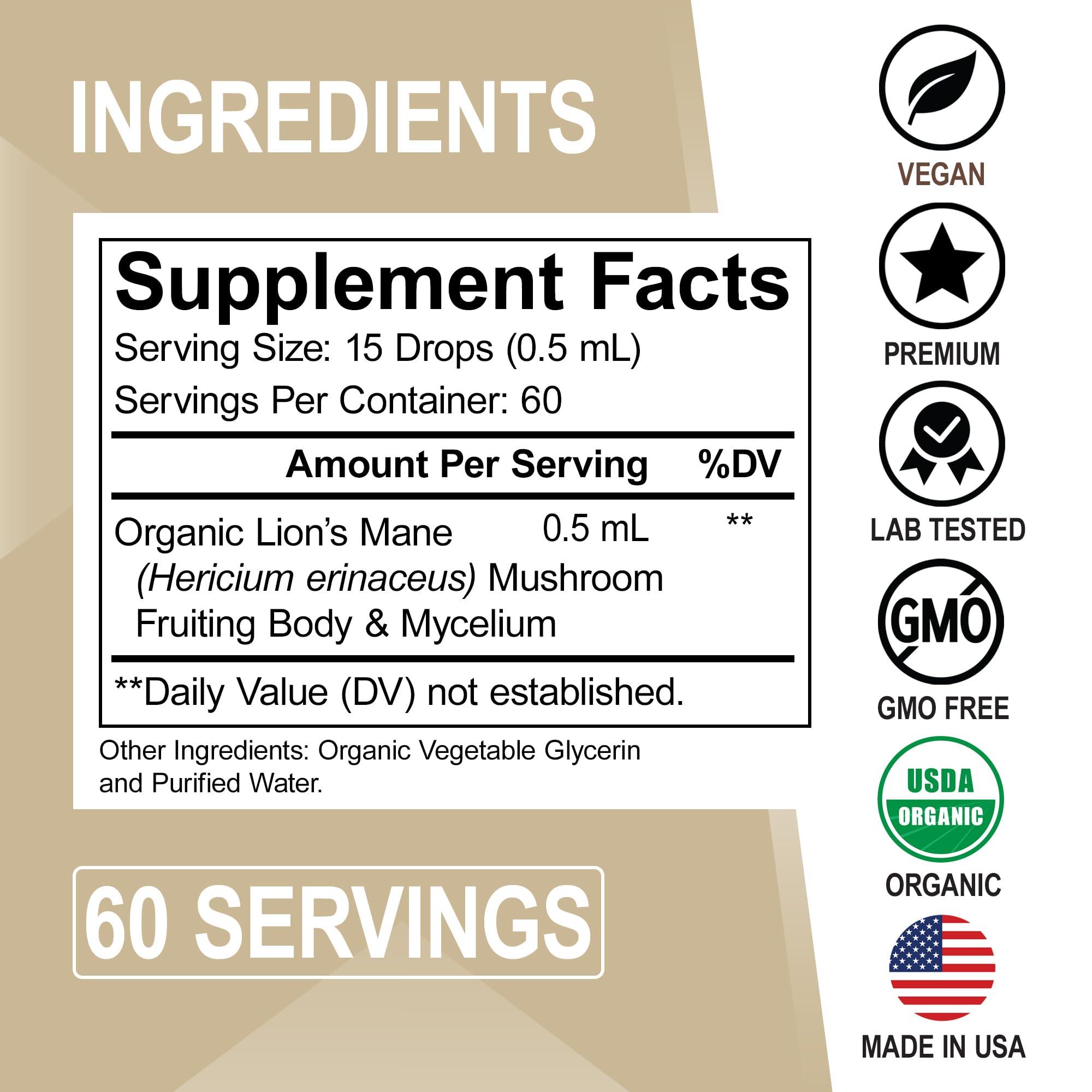 DR. BO Lions Mane Mushroom Supplement Drops - Organic Lion\'s Mane Mushroom Liquid Tincture for Focus, Fog Brain Health Supplements - Vegan Herbal Nervine Nootropic Organic Lions Liquid Supplement Extract 1oz