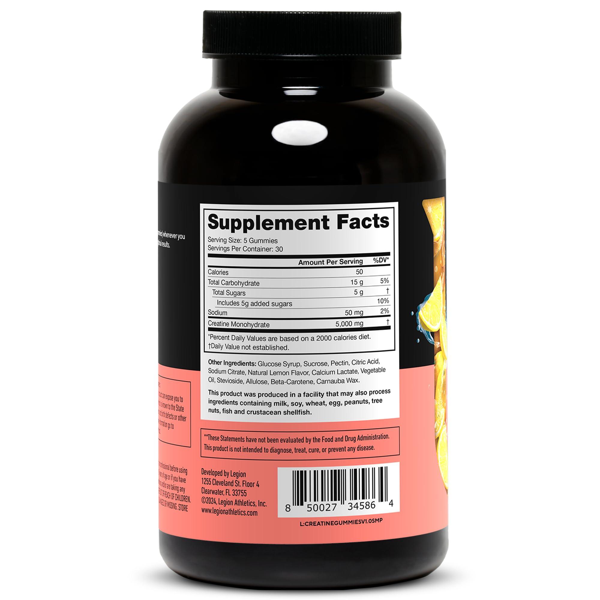 LEGION LEGION Creatine Monohydrate Gummies - Clean Creatine Gummies for Muscle Gain, Improving Endurance & Post Workout Recovery - Creatine Supplement for Maximum Absorption (150 Lemon Drop Gummies)