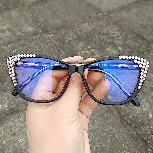 willochra willochra cat eye Bling Rhinestone Reading Glasses For Women Fashion Blue Light Blocking Reading Reader Computer Eyeglass (black, 1.25, multiplier_x)