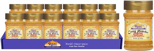 Rani Brand Authentic Indian Products Rani Curry Powder Hot (11-Spice Authentic Indian Blend) 3oz (85g) PET Jar, Pack of 12 ~ All Natural | Salt-Free | Vegan | No Colors | Gluten Friendly | NON-GMO | Kosher | Indian Origin